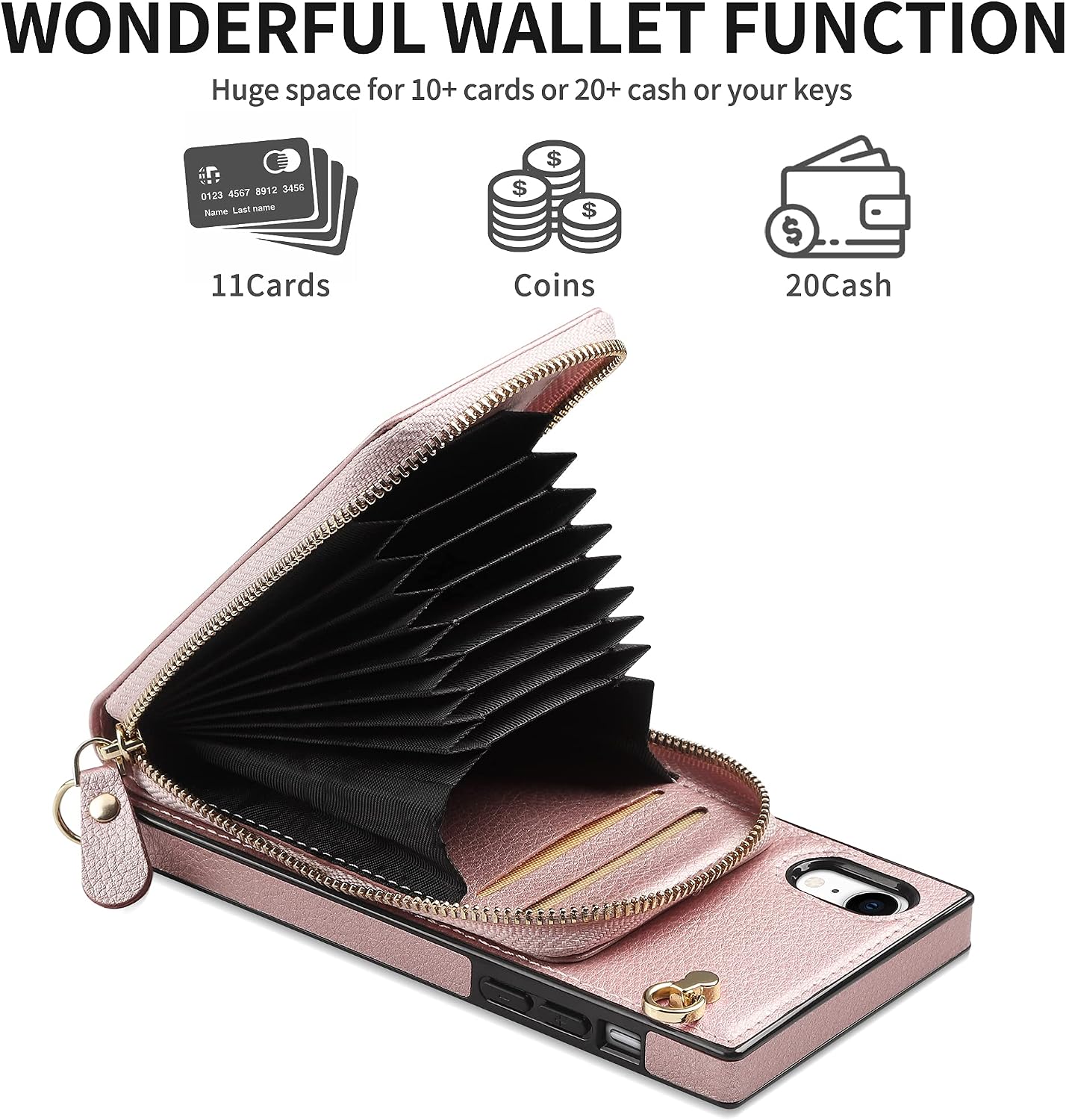 JAKPDE for iPhone XR Case iPhone 10R Case Wallet Zipper Leather Case with Card Holder Slots Protective Cover with Lanyard Case Compatible with iPhone XR iPhone 10R 6.1 inch Rose Gold