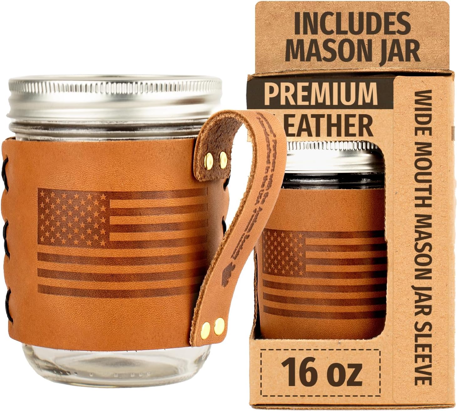 Oowee Wide Mouth Mason Jar w/American Flag Design Leather Sleeve - Patriotic Elegance for Canning, Crafts, and Décor - Airtight Seal - Durable Glass