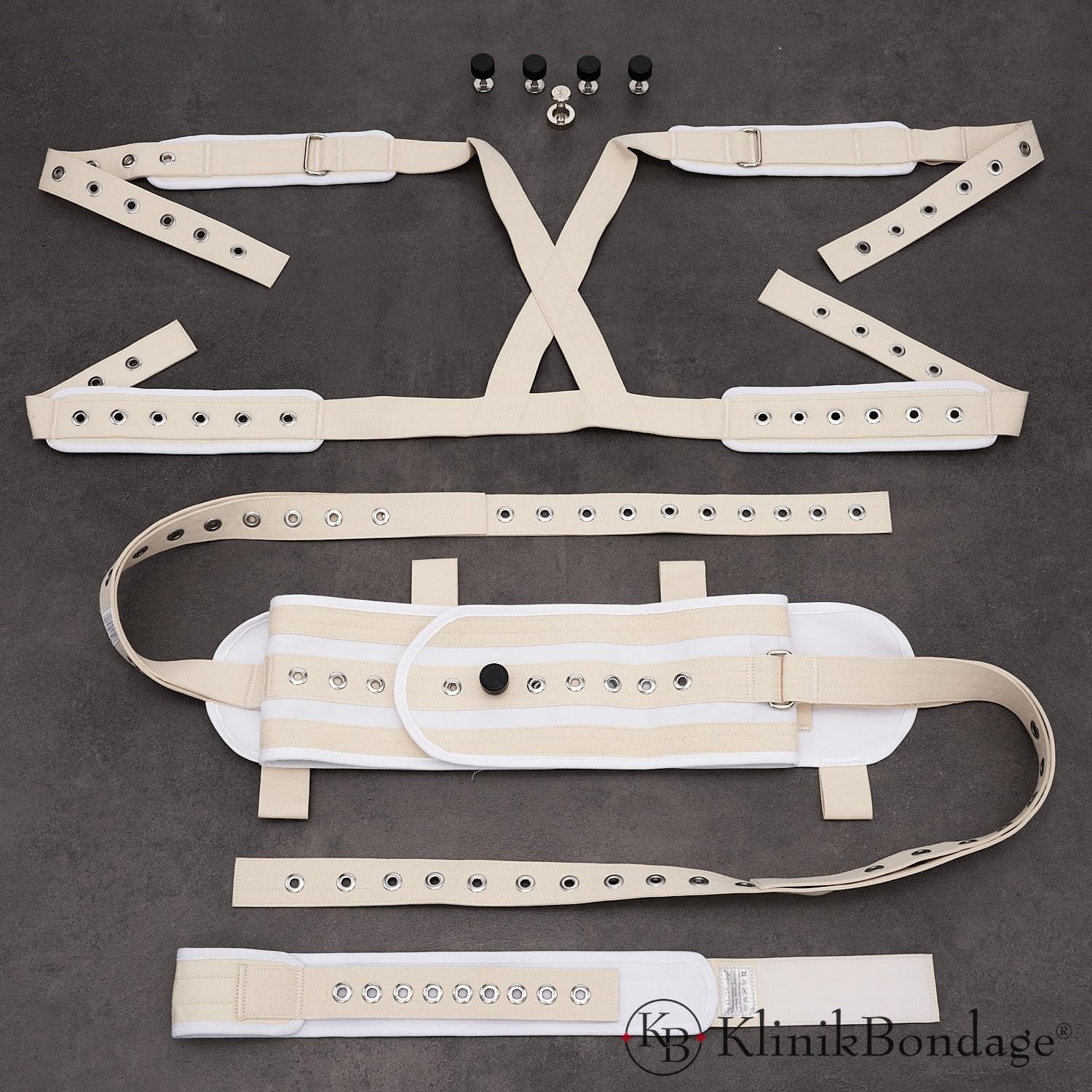 Bauchfessel Set mit Schrittgurt mit Schultergurt I BDSM Fessel-Set I Bett-Bondage hogtied sehr stabil - Premium Sexspielzeug I weiß I handgefertigt aus Baumwolle I für alle Bett-Typen