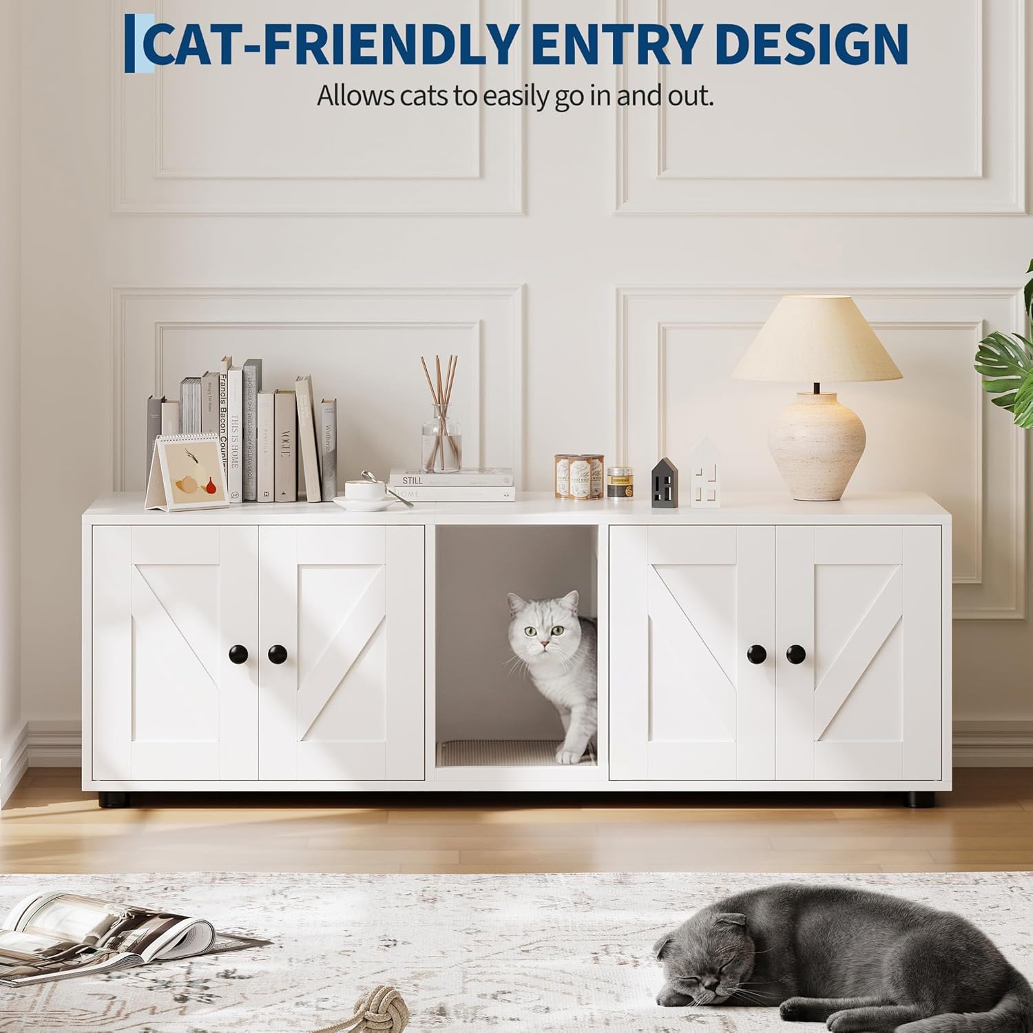 Garvee Cat Litter Box Enclosure for 2 Cats, Hidden Litter Box Furniture Cabinet with Double Room, Double Cat Litter Box Enclosure, Indoor Cat House, 43.4 x 18.1 x 17.7 Inches