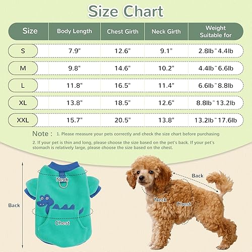 Miniatura 3 de Suéter para perros cachorros y gatos, cálida sudadera estirada, lindo patrón de dinosaurio, ropa de invierno con bolsillo para perros pequeños y