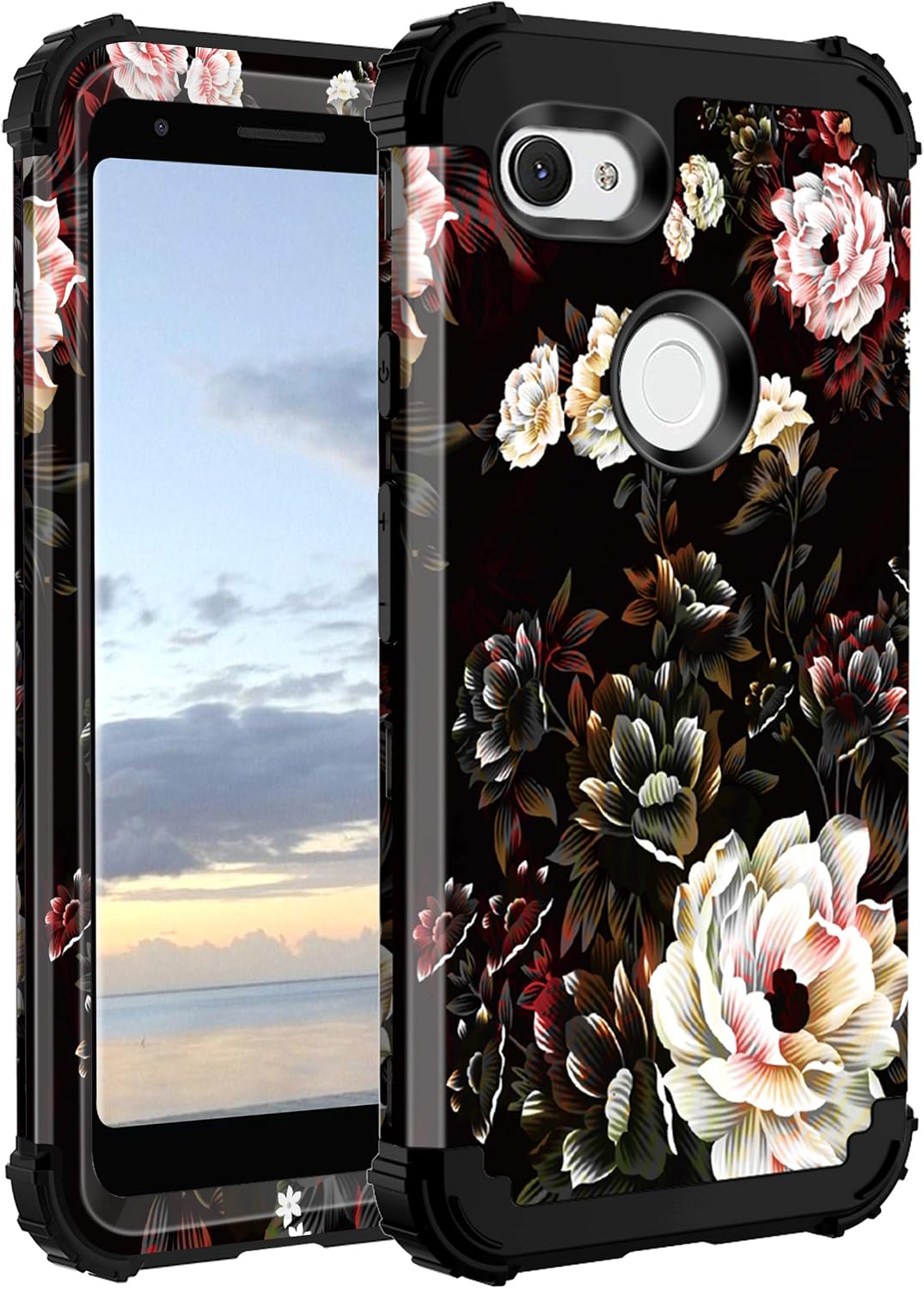 LONTECT for Google Pixel 3a XL Case Floral 3 in 1 Heavy Duty Hybrid Sturdy High Impact Shockproof Protective Cover Case for Google Pixel 3a XL 2019, Black/White Flower