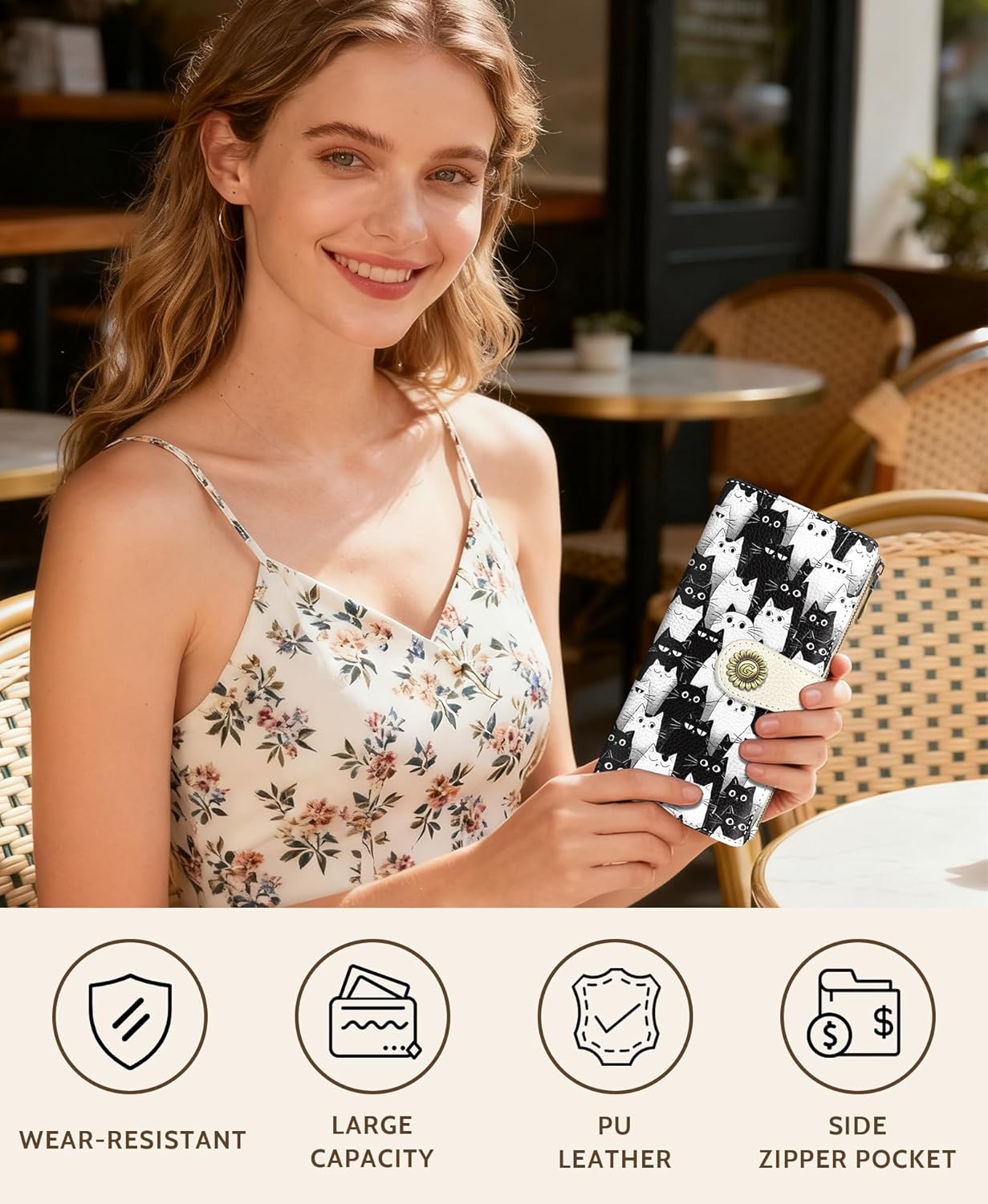 GIANCOMICS White Black Cat Womens Wallet RFID Blocking, Credit Card Holder Bifold, PU Leather Travel Billfold, Long Cute Cash Purse, Zipper Coin Pocket Clutch, 11 Card Slots, Ladies Gift Woman - Image 2