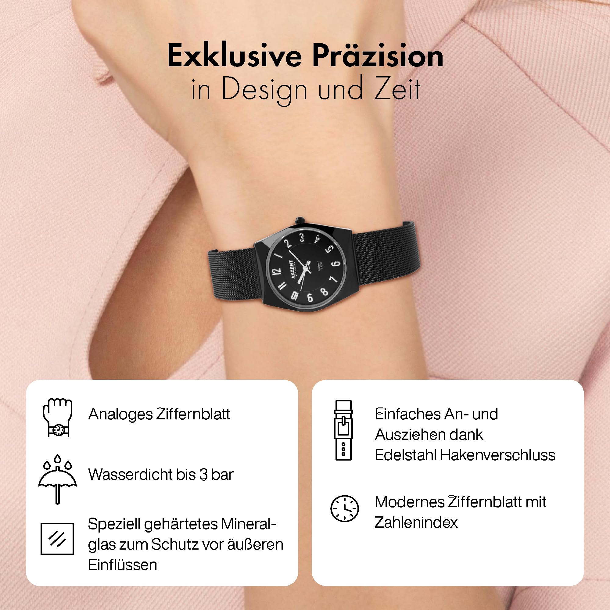 AKZENT Exclusive Orologio da polso da donna, analogico, al quarzo, in metallo, con cinturino in rete