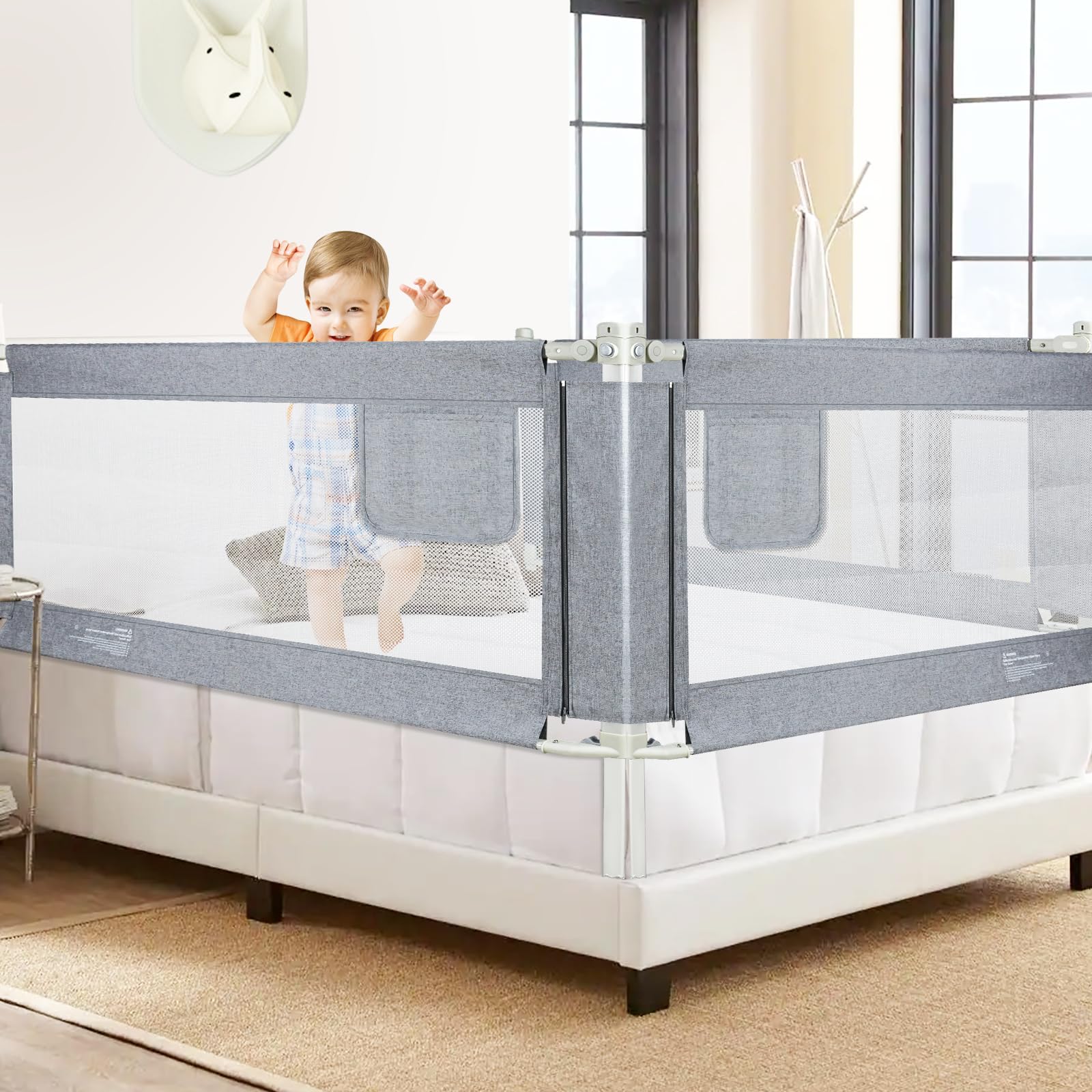 Kidsgigglz Bettgitte 180cm, Kinderbettgitter für Kinder Baby, Rausfallschutz Bett mit Vertikaler Hebe und Fallschutzfunktion, Bettschutzgitter Verstärktem Ankersicherheitssystem, Boxspringbett, Grey
