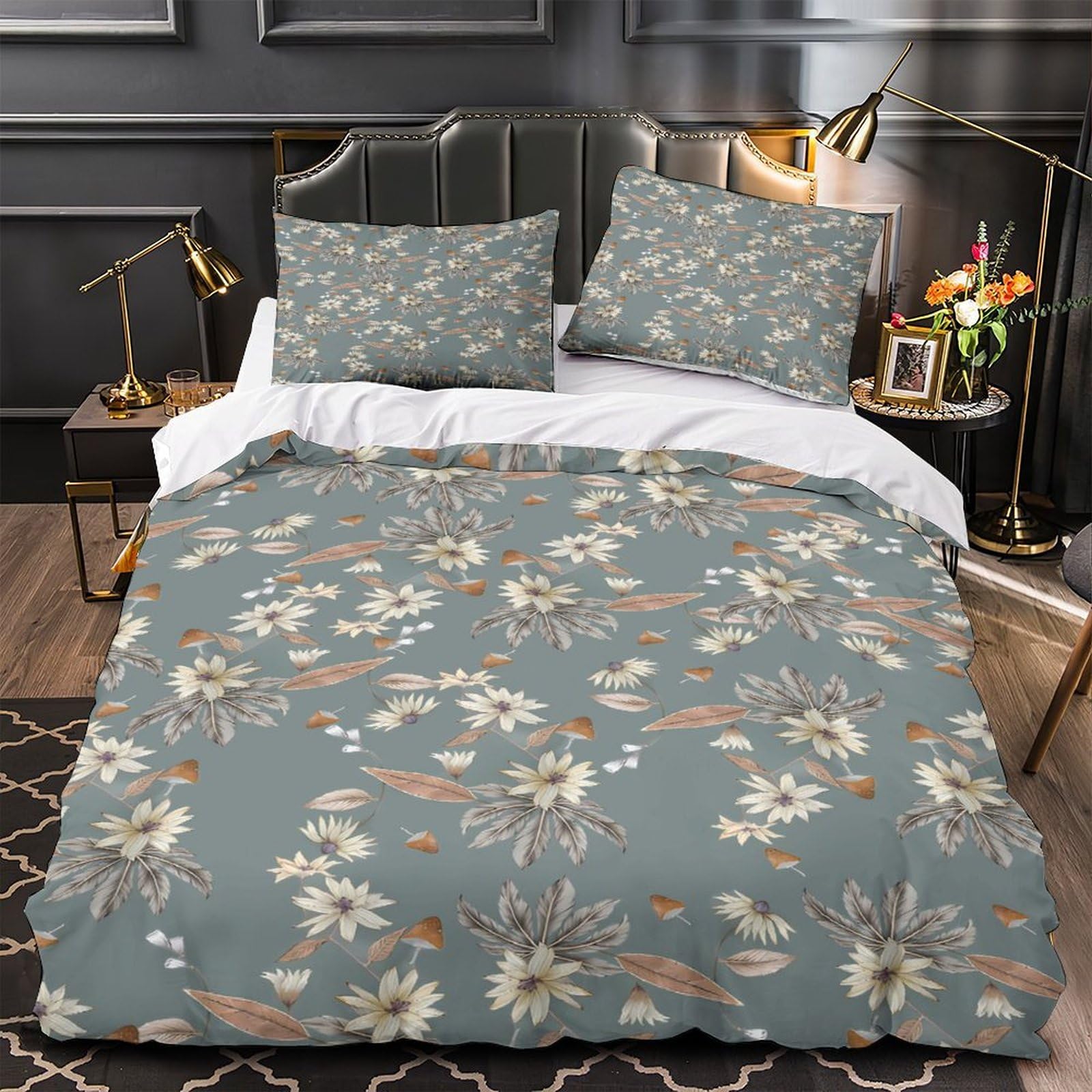 Housse de couette fleurie 3D en microfibre 200x200 cm avec ses 2 taies d'oreiller pour lit double