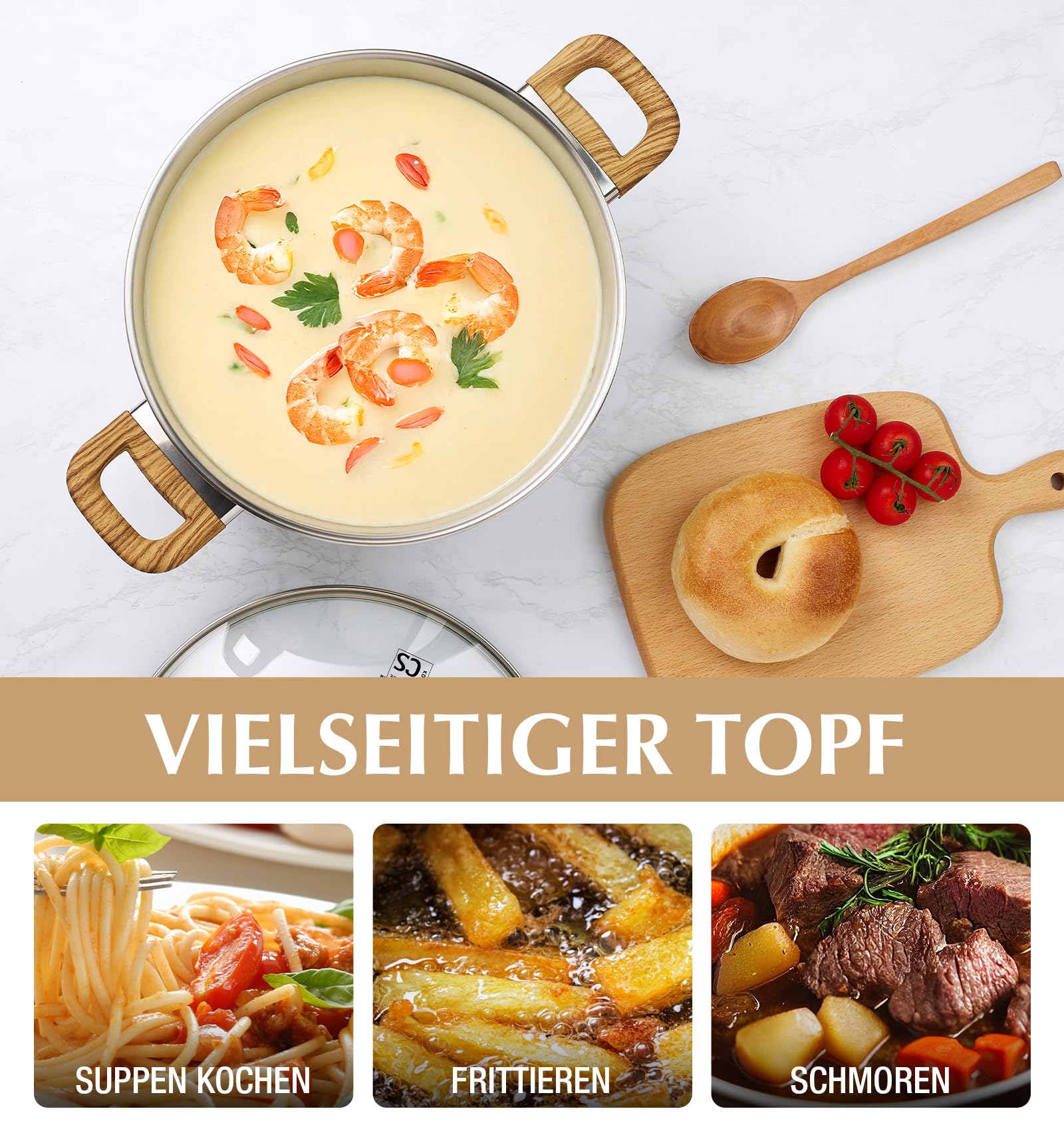 KOCH SYSTEME CS Edelstahl-Suppentopf mit Deckel, 8 Liter, Kochtopf für Suppe, Pasta, Soßen und Eintöpfe, Tri-Ply-Kapselboden, induktionsgeeignet, spülmaschinenfest