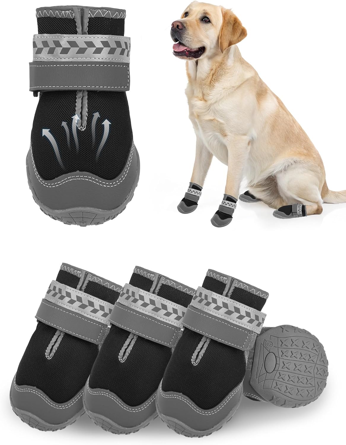 SCENEREAL Dog Shoes for Hot Pavement Large Medium Dogs, Summer Mesh Breathable Booties, Reflective Pet Boots & Paw Protectors for Outdoor, Black Size 7