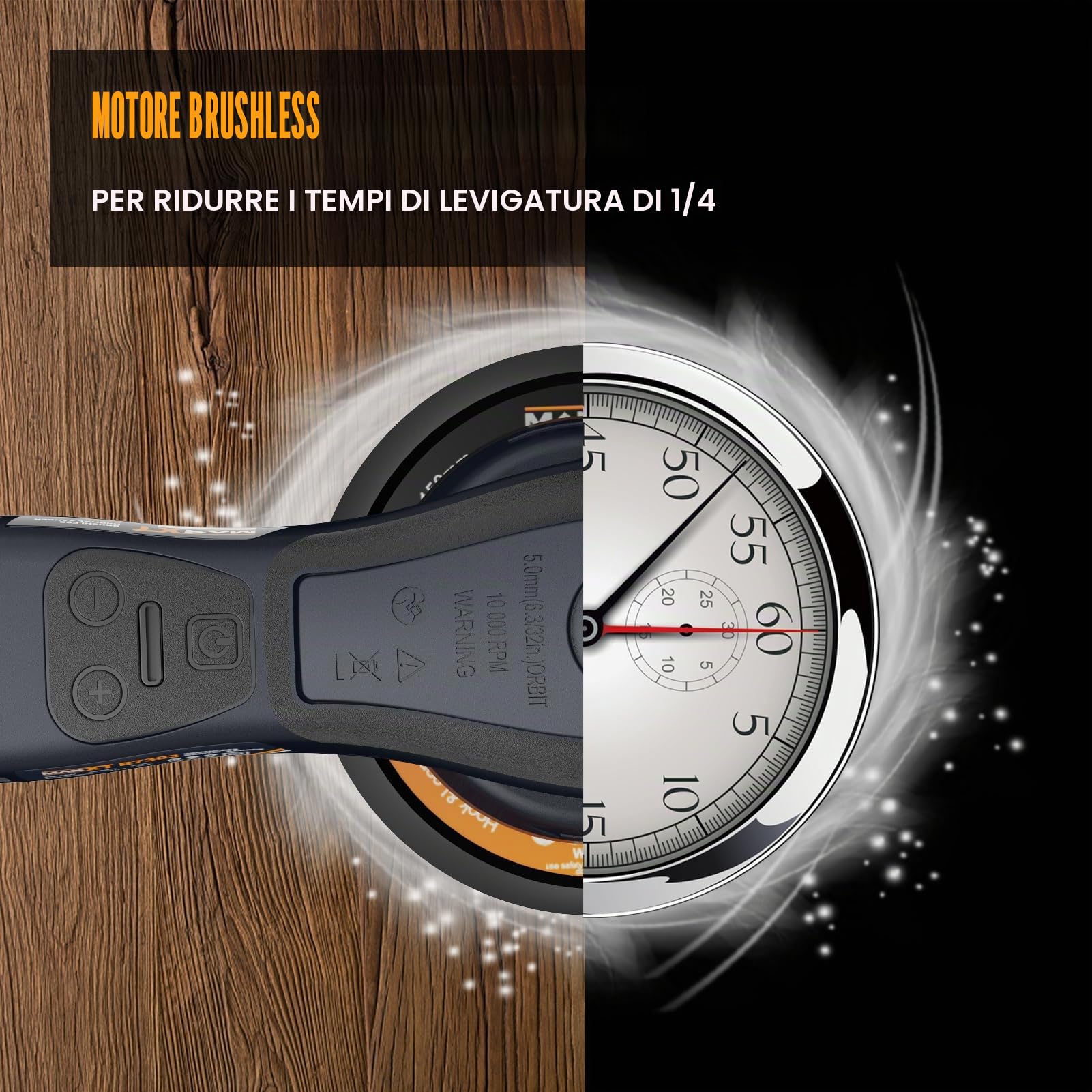 MAXXT Aggiornato da 5,0mm Levigatrice Orbitale Casuale Brushless Multifunzione a Velocità Variabile con 10 dischi abrasivi da 150mm per la Lavorazione del Legno