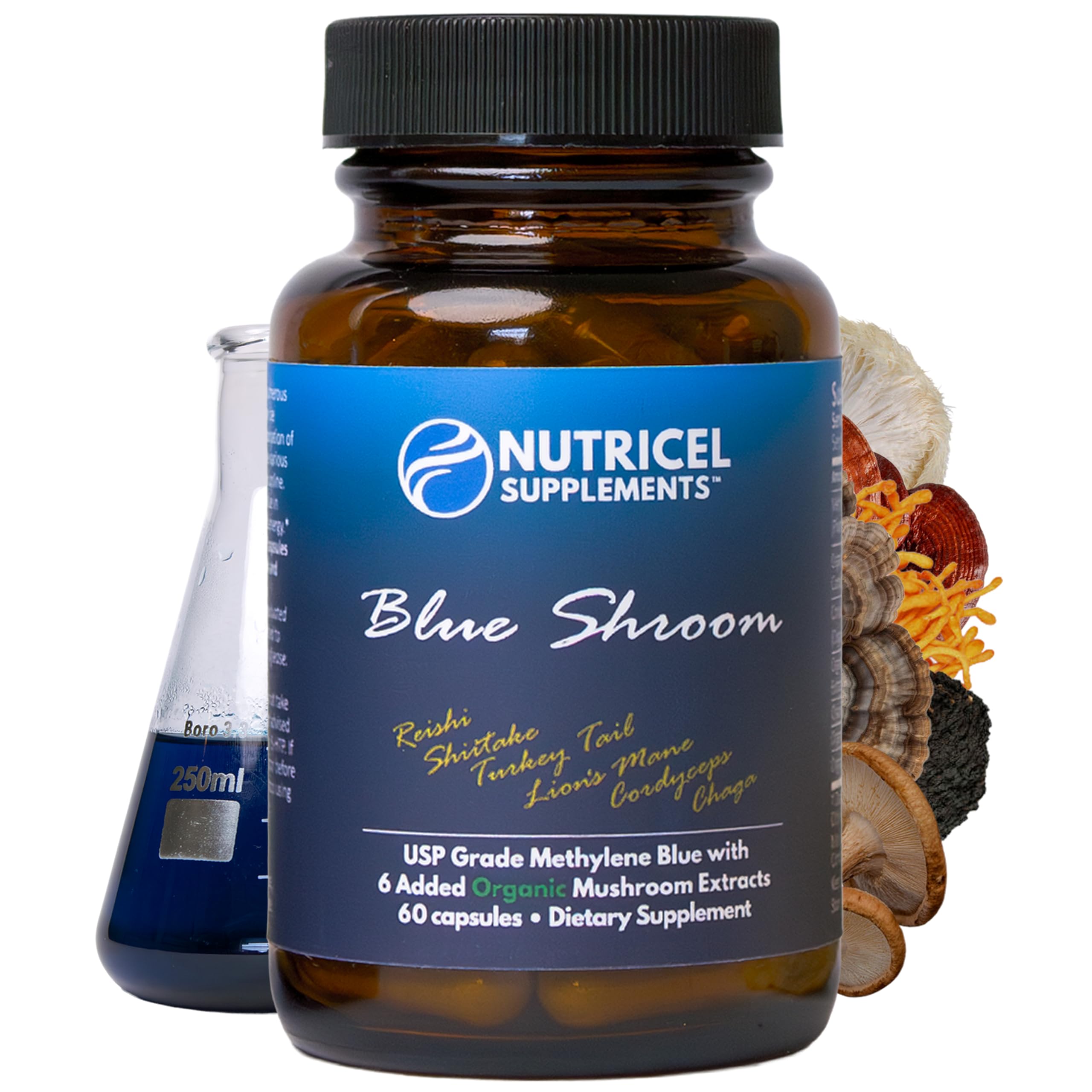 Nutricel Methylene Blue Capsules with Mushroom Extracts: Lion's Mane, Reishi, Cordyceps, Chaga, Shiitake, Turkey Tail - Trusted Made in America Brand - 7mg (USP Reference Compliant) (60ct)