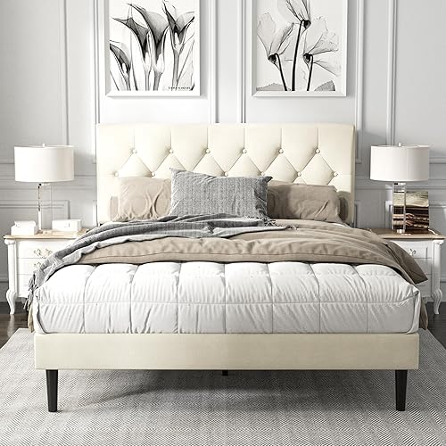 Queen Size Platform Bed Frame with Upholstered Button Tufted Headboard, Mattress Foundation with Wooden Slat Support, Noise Free, No Box Spring Needed, Easy Assembly, Beige Velvet