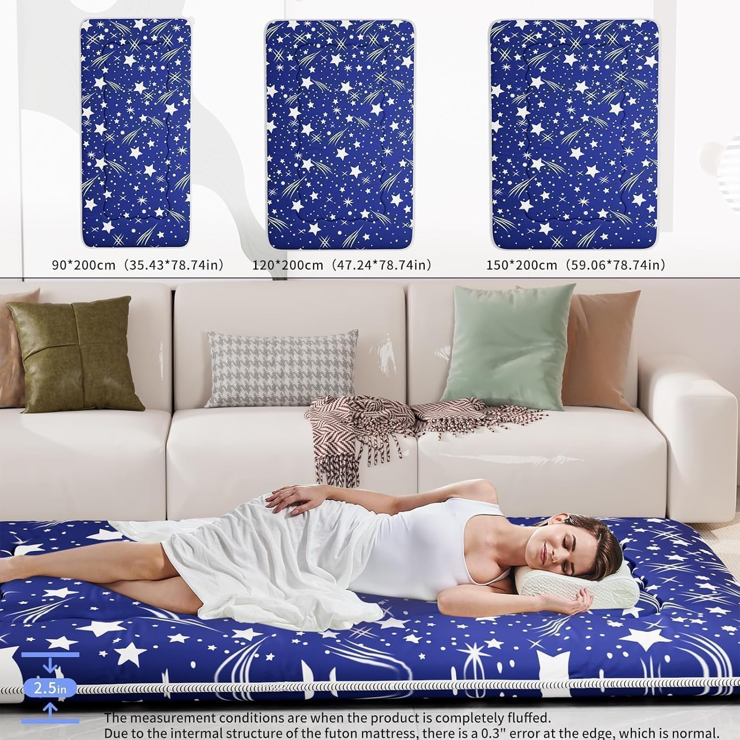 Kiseely Japanische Futon-Matratze, Faltbare Tatami-Matte, tragbare Schlafunterlage mit Tasche und Gurt, Bodenmatratze, verdickte Schlafmatratze, Camping-Matratze (Blau YU1, 150X200cm)