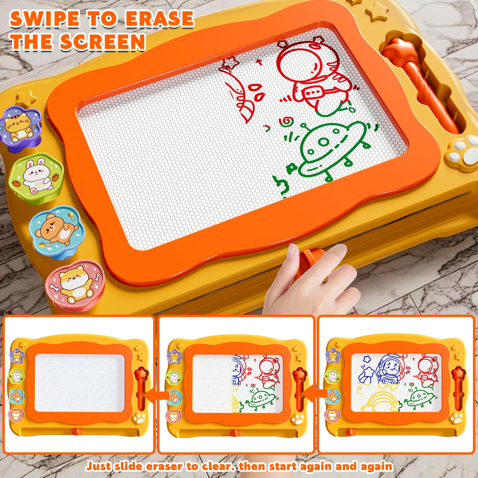 Grande tavolo da disegno magnetico giocattolo per bambini di età 3-7 anni, cancellabile Doodle Board con 4 colori, giocattolo educativo