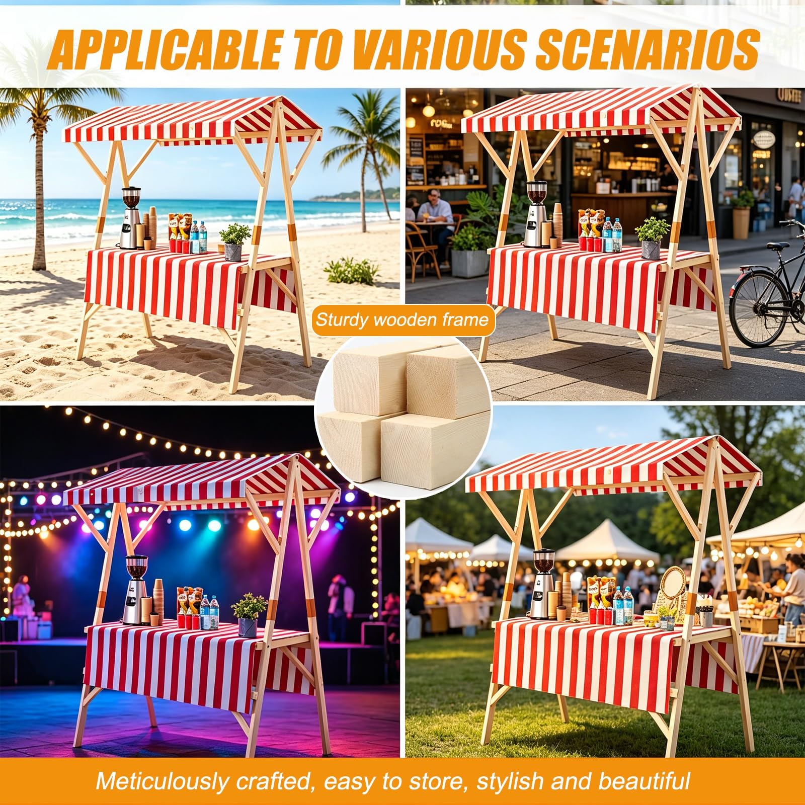Carrito Vendedor Plegable de Madera, Puesto de Exhibición de Mercado, Puesto Portátil para Exterior, Mesa Exhibición para Mercados Callejeros y Eventos(Red,150cm/59in)