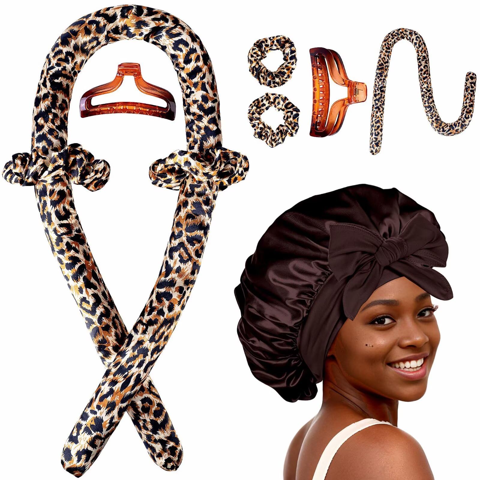 Heatless Hair Curler,Blowout Heatless Curls Overnight,No Heat Curling Rod Set with Satin Bonnet for Sleep in,Leopard