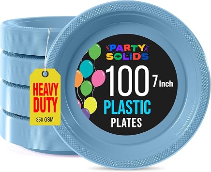 Party Solids Light Blue Plastic Plates For Party 7" Light Blue Disposable Plates For Party Supplies 100 Pcs Plastic Dinnerware Sets Heavy Duty 350 GSM Disposable Dinnerware Set