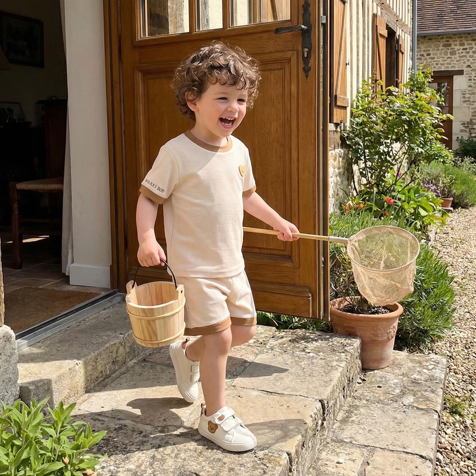 Carolilly Tenue Ourson Bébé Garçon Été, T-Shirt à Manches Courtes et Short ou Body, avec Motif Ours, Beige et Marron