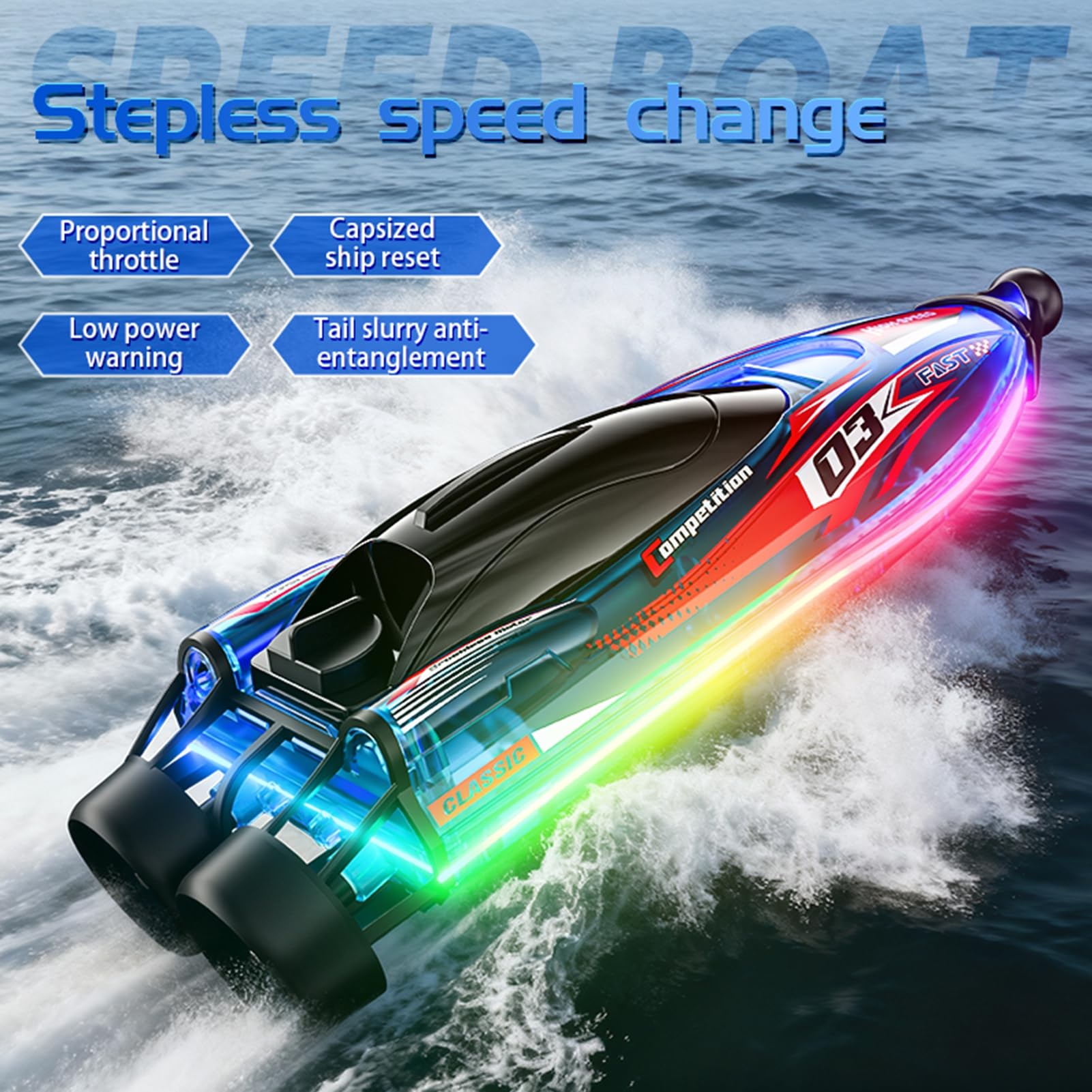 Barca radiocomandata senza spazzole, ad alta velocità, per giochi d'acqua sul lago, doppio motore, rotazione a 360°, luci colorate, autoserrante (blu)