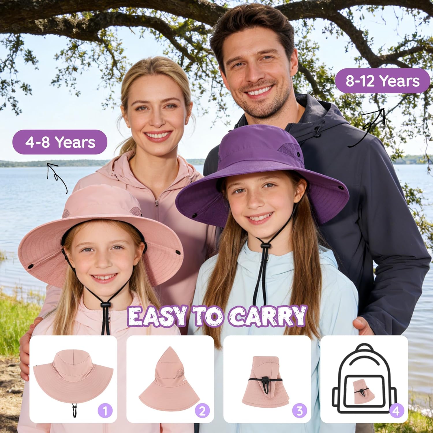 Zando Ponytail Hole Kids Sun Hat Adjustable Girls Beach Bucket Hat UPF 50+ Wide Brim Foldable Summer Cap Swim Fishing Safari - Image 6