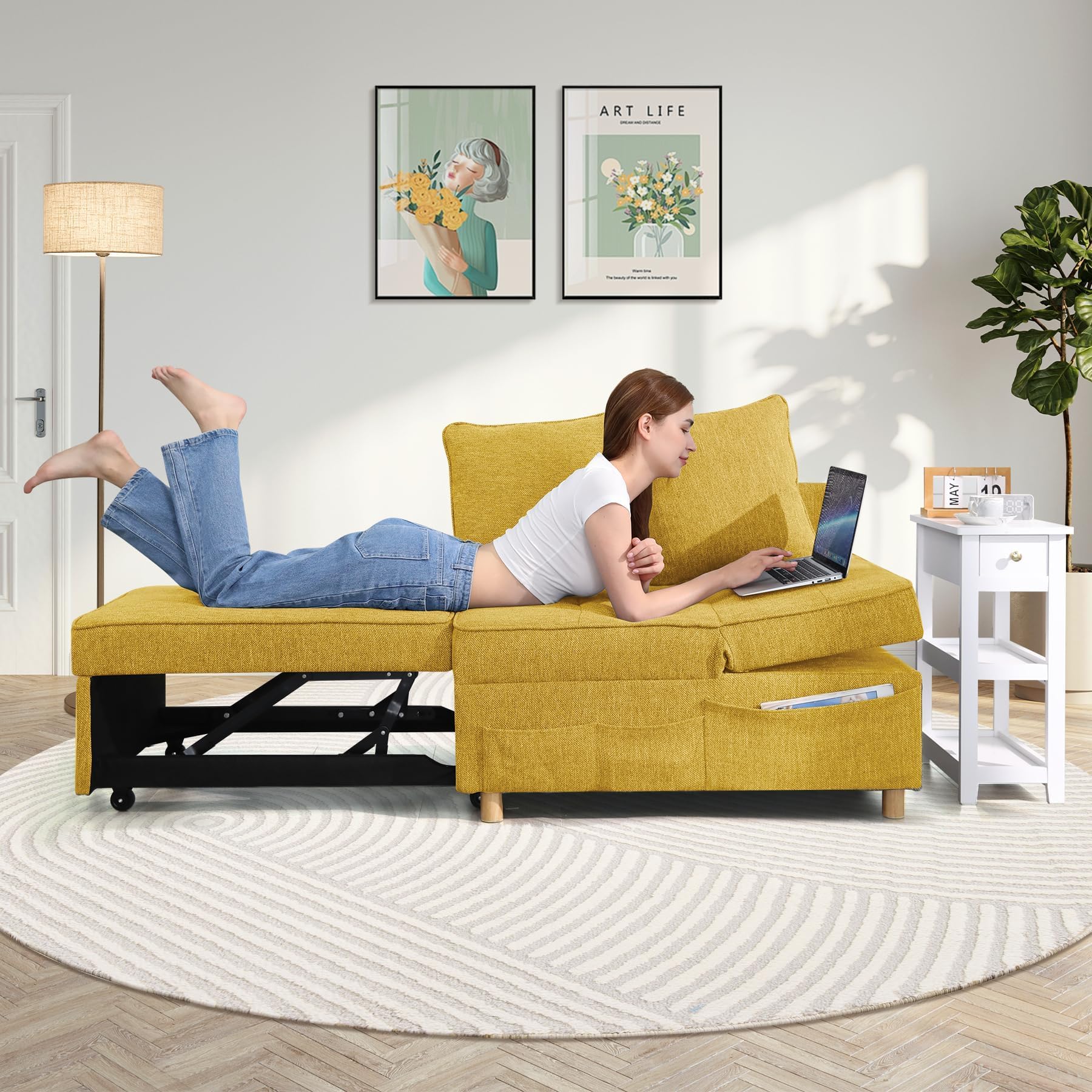 SEJOV Sofa Bed, 4-in-1 Convertible Sleeper Sofa, 3-Seat Pull Out Couch, Sleeper Chair with Linen Fabric, Sleeper Bed with 5 Adjustable Backrests & 2 Pillows for Small Space, Grey