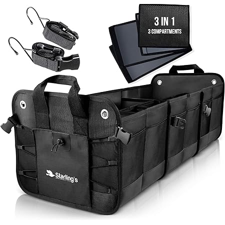 Starling's Car Trunk Organizer - Durable Storage SUV Cargo Organizer Adjustable (Black, 3 Compartments)