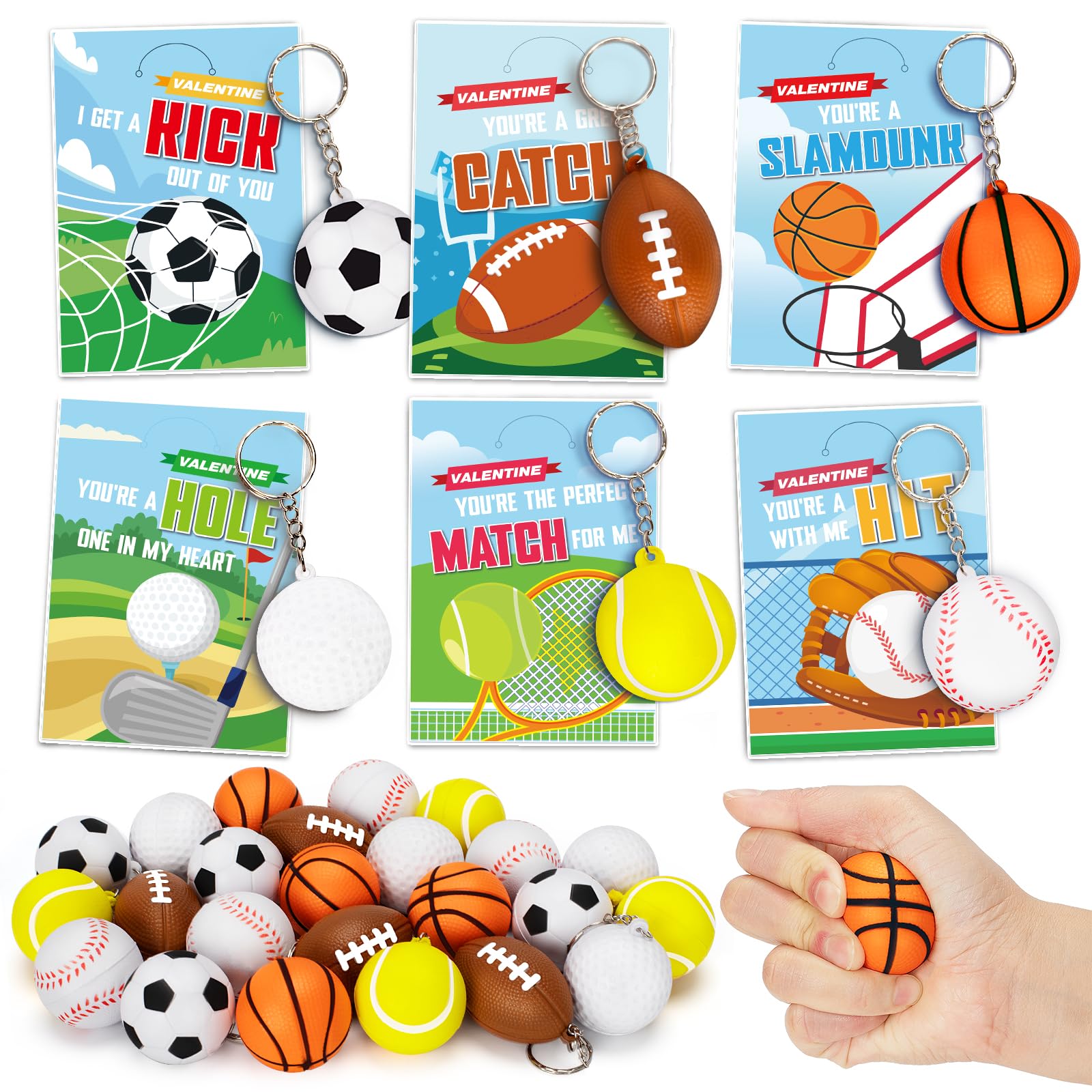 Jumlys Valentines Day Cards for Kids School, 24 Packs Kids Valentines Cards with Sport Stress Ball Key Chains, Perfect Valentines Party Favors for