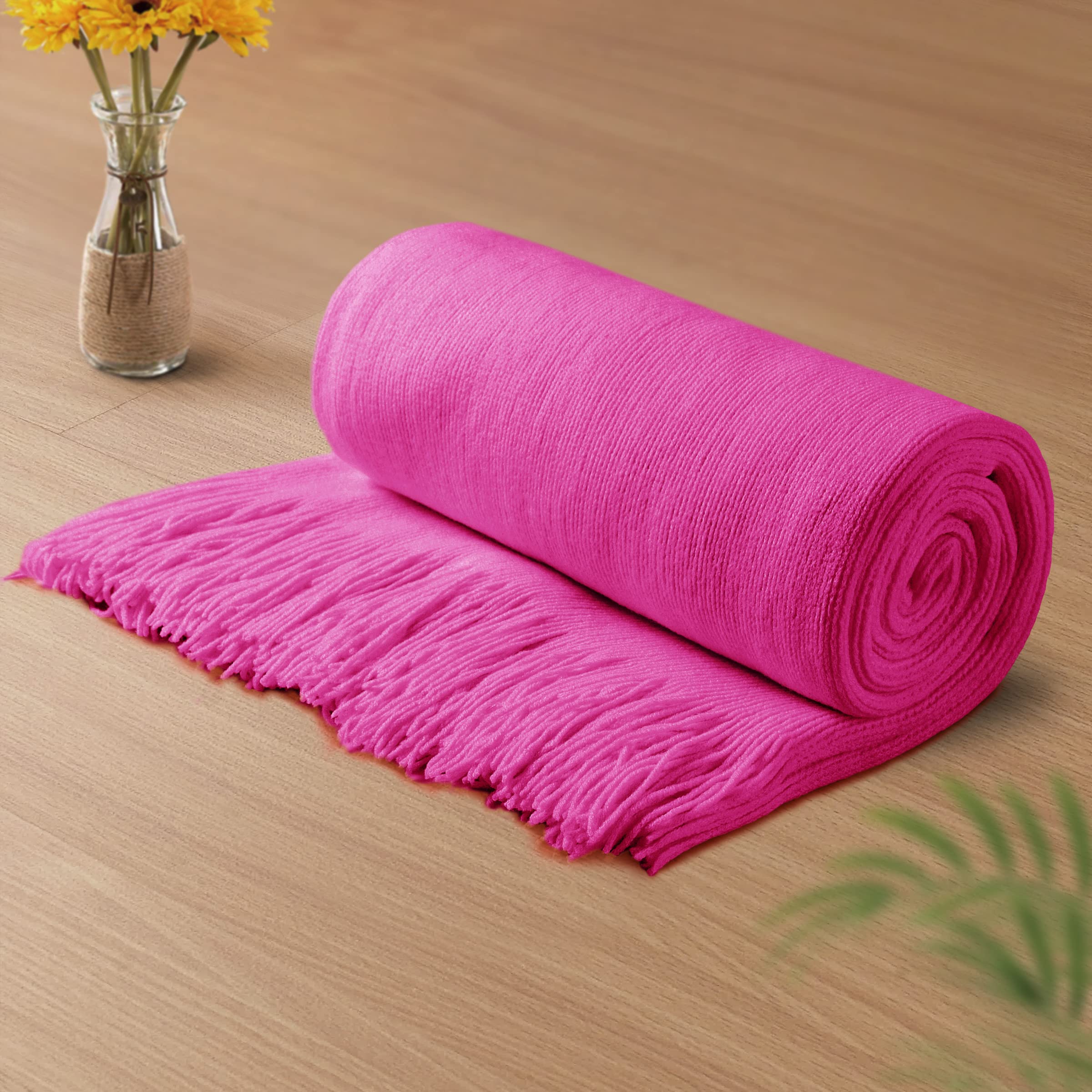 Vonty Hot Pink Knitted Blanket with Tassels Fringe 50" x 60", Super Soft Knit Throw Blanket, Farmhouse Decorative Lightweight Blanket for Couch, Sofa, Bed