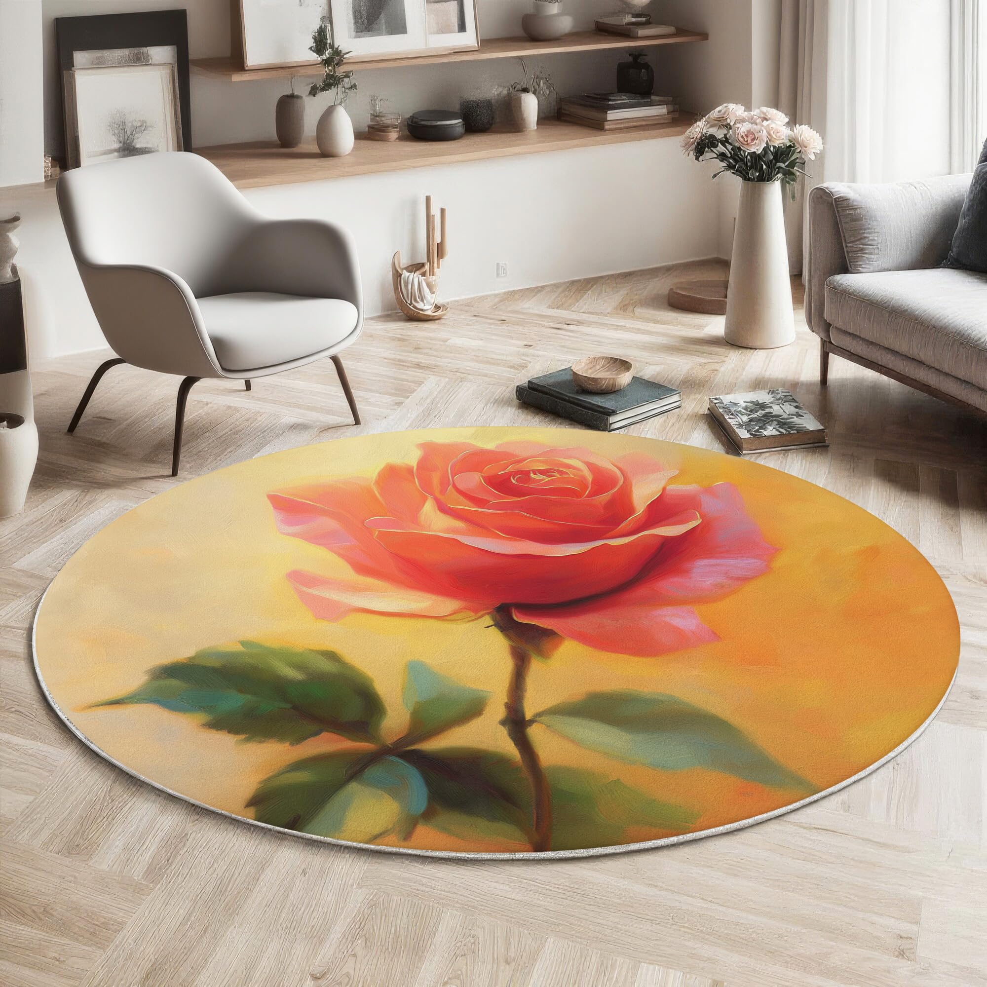 Tapis rond salon orange 160 cm style peinture à l'huile