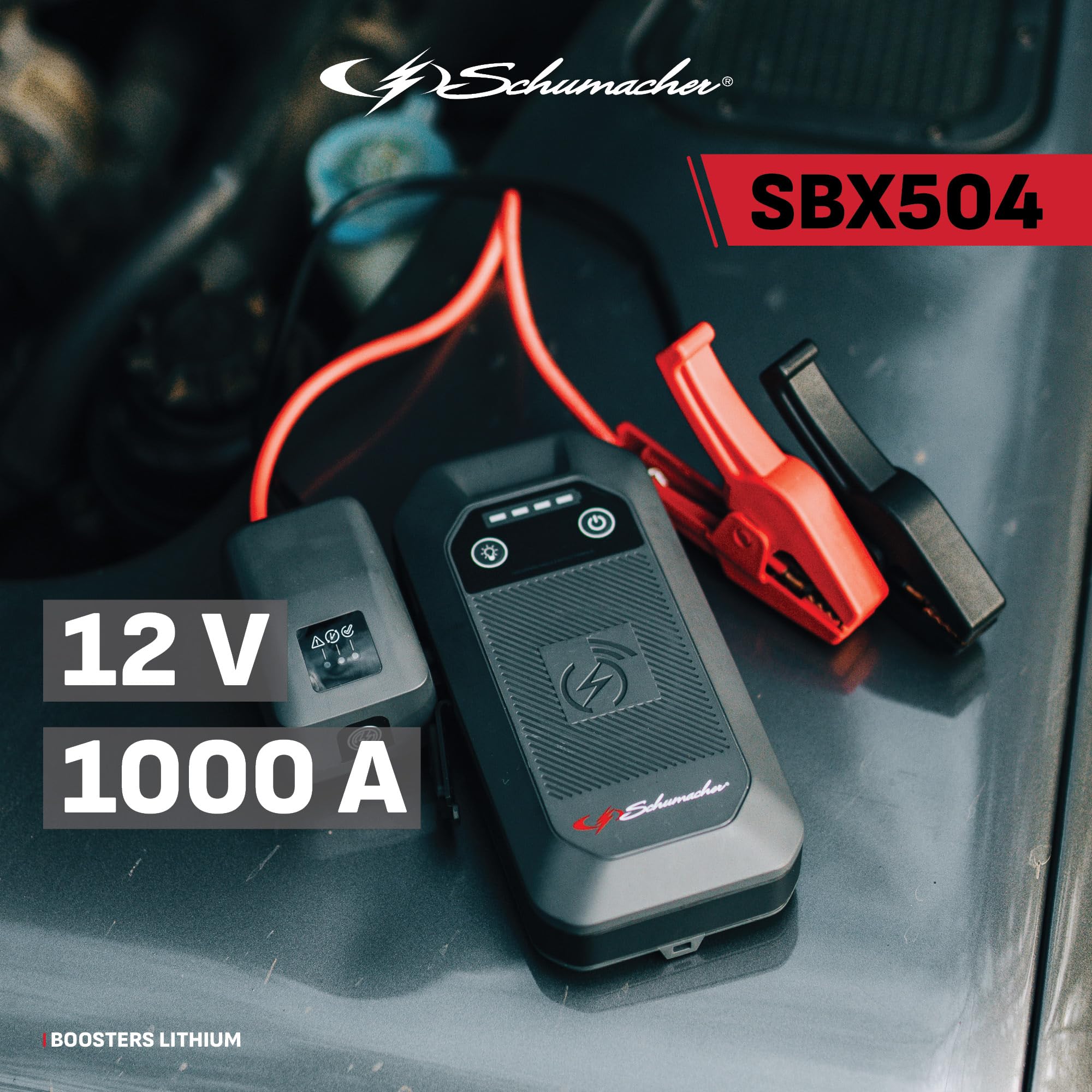 Schumacher Electric SBX504 Booster Démarreur Batterie 1000A 12V Lithium | Moteurs Essence 6L Diesel 3L, Powerbank 6400mAh, Recharge Sans Fil 10W, USB-C, Pinces Sécurisées