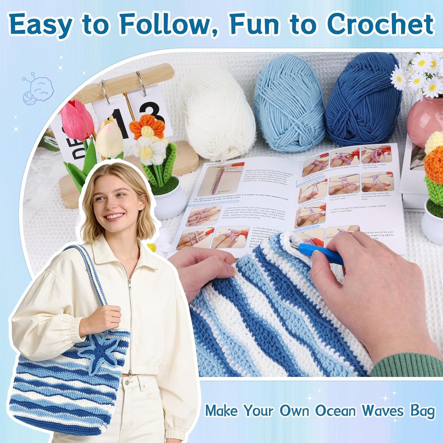 Reessy Crochet Bag Kit for Beginners – Blue & White Wave Stripe Shoulder Bag DIY Kit with Yarn, Hooks & Tools – Step-by-Step Printed Instruction Book – Handmade Summer Bag