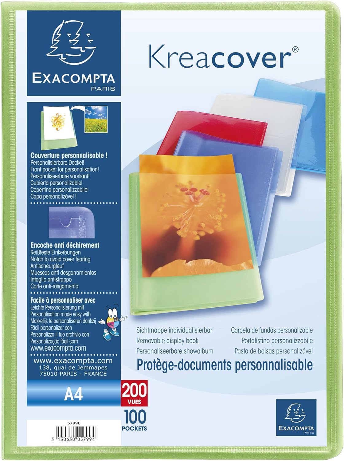 Exacompta - Ref 5799E - 1 Kreacover Chromaline Document Cover - 100 Smooth Crystal Pockets - 200 Photos - for A4 - Size 24 x 32 cm - Semi-Rigid Polypropylene Cover - 5 Random Colours