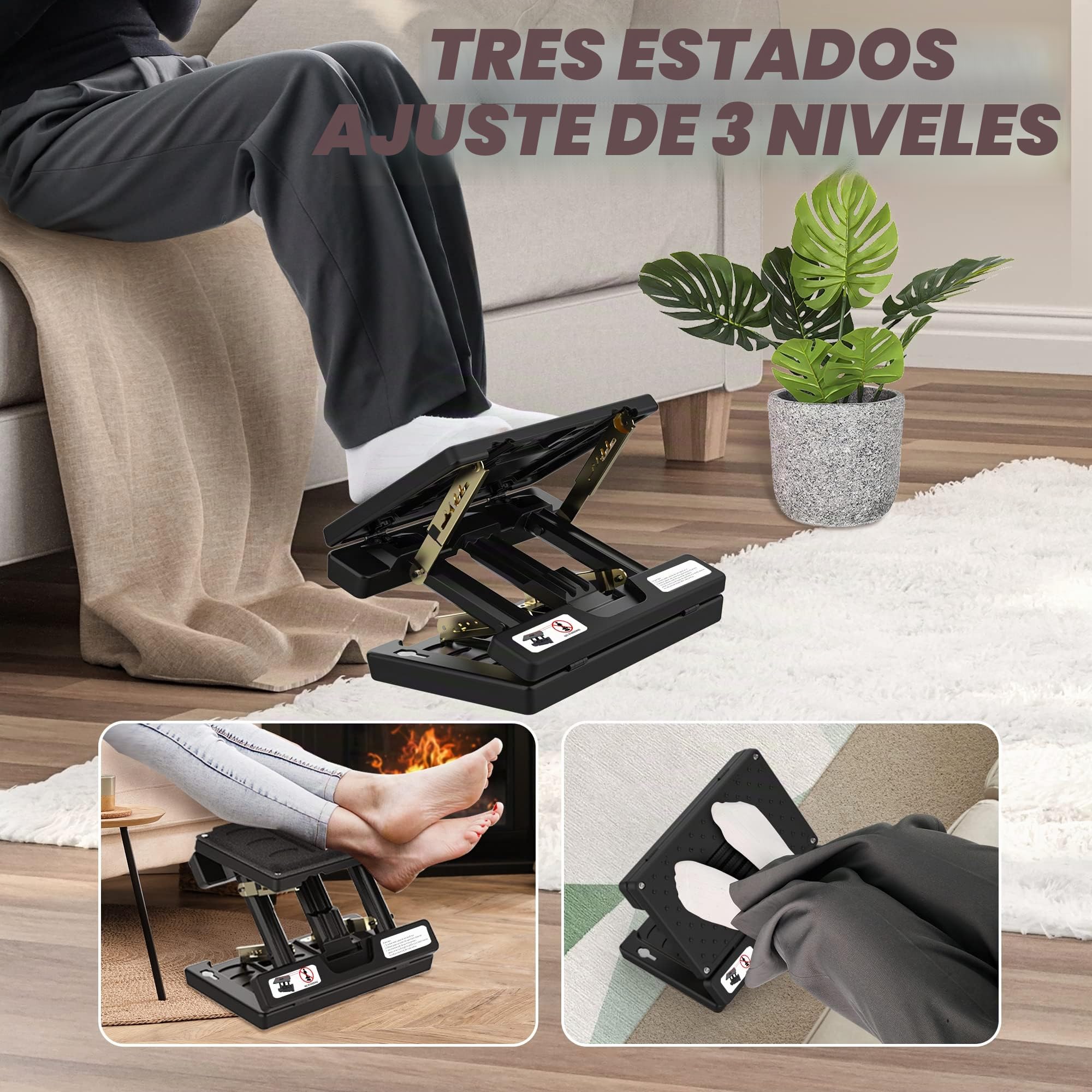 Reposapiés Pro | Rodillo de masaje y cuentas | para coche, debajo del escritorio, hogar, tren | Ajuste de altura flexible | (negro)