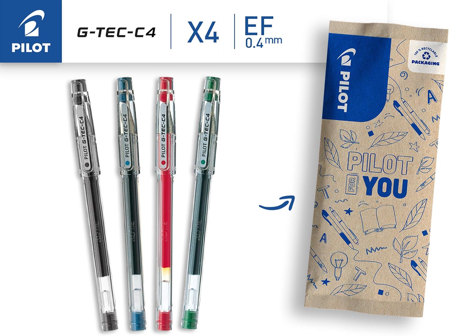 Pilot 0.4 mm C4 Gtec Gel Rollerball Tip - Black/Blue/Red/Green (Pack of 4)