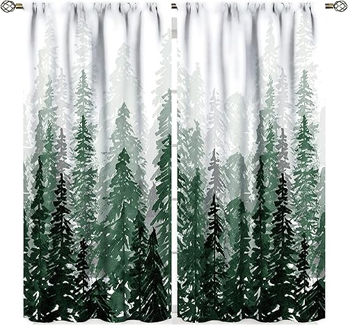 Miniatura 8 de Cortinas de bosque verde y dorado, con silueta de bosque brumoso de árbol natural, cortinas de tratamiento de ventanas, cortinas con bolsillo para