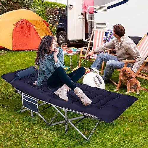 Miniatura 6 de LOENIY Catres plegables para acampar con almohada y colchón extra grueso, catres para dormir de 900 libras, cama de campamento para adultos con