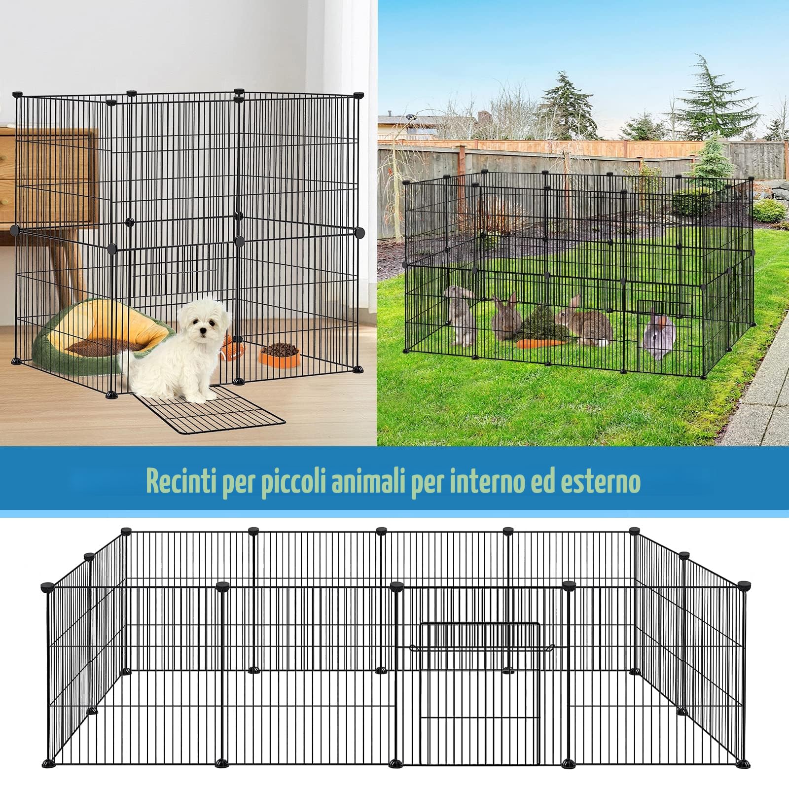 Froadp Recinzione per Animali Domestici Conigli da Esterno 142x72x72cm in Metallo 24 Pezzi Recinto a Griglia con Porta per Cavie, Animali da Compagnia, Gabbia per Cuccioli, Hamster (Nero)
