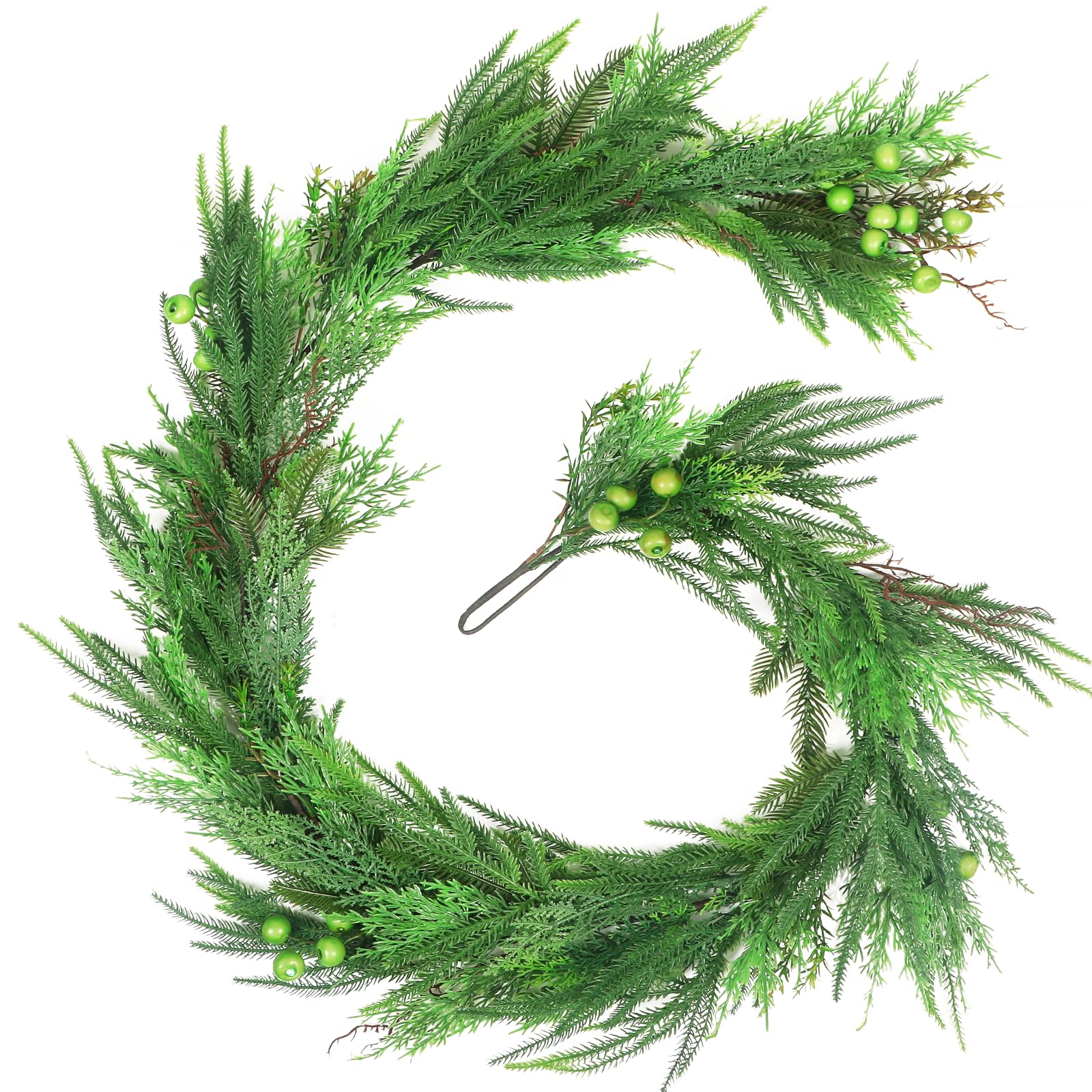 Norfolk Guirnalda de ciprés de Pino Artificial Suave con Bayas Verdes de 1,8 m, Guirnalda Verde al Tacto Real para Mesa, Chimenea, balaustrada de Escalera, Decoraciones navideñas