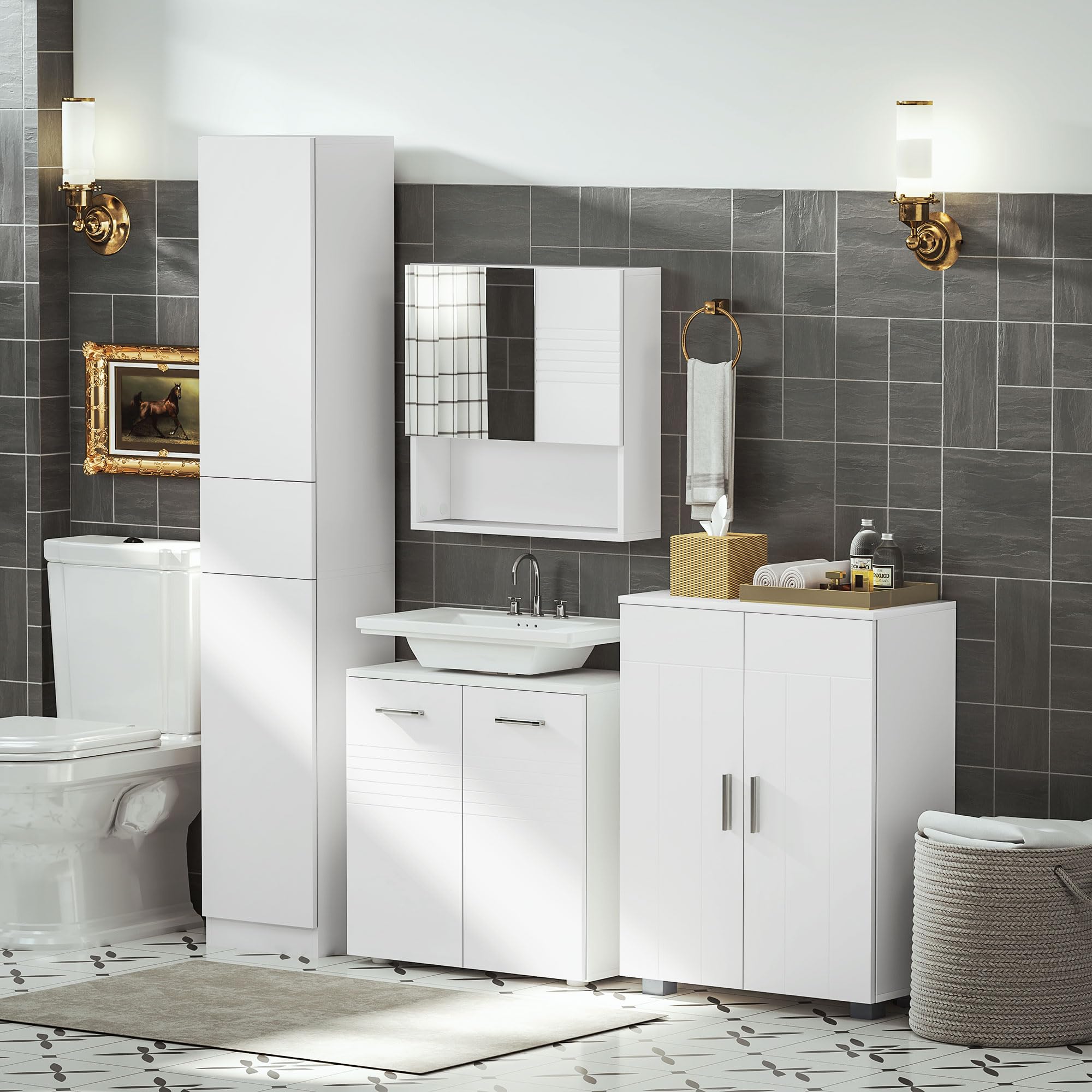 kleankin Mueble para Debajo del Lavabo Armario de Baño de Pared con 2 Puertas y Estante Interior Ajustable Estilo Moderno 60x30x62,5 cm Blanco