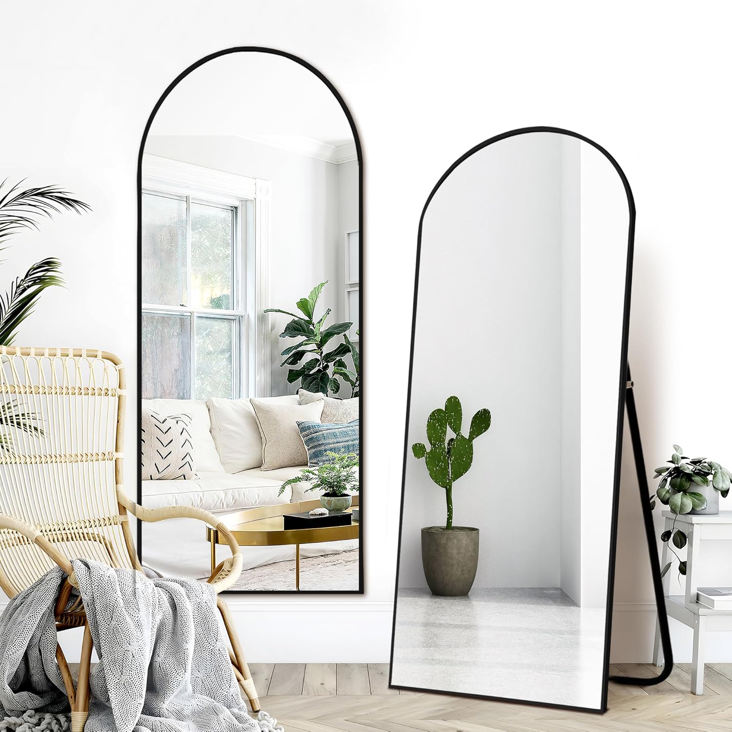 Arched Full Length Mirror, 56"x20"Floor Mirror with Stand, Wall Mirror Full Length, Floor Standing, Hanging or Leaning, Tall Aluminum Frame Full Body Mirror for Bedroom, Black