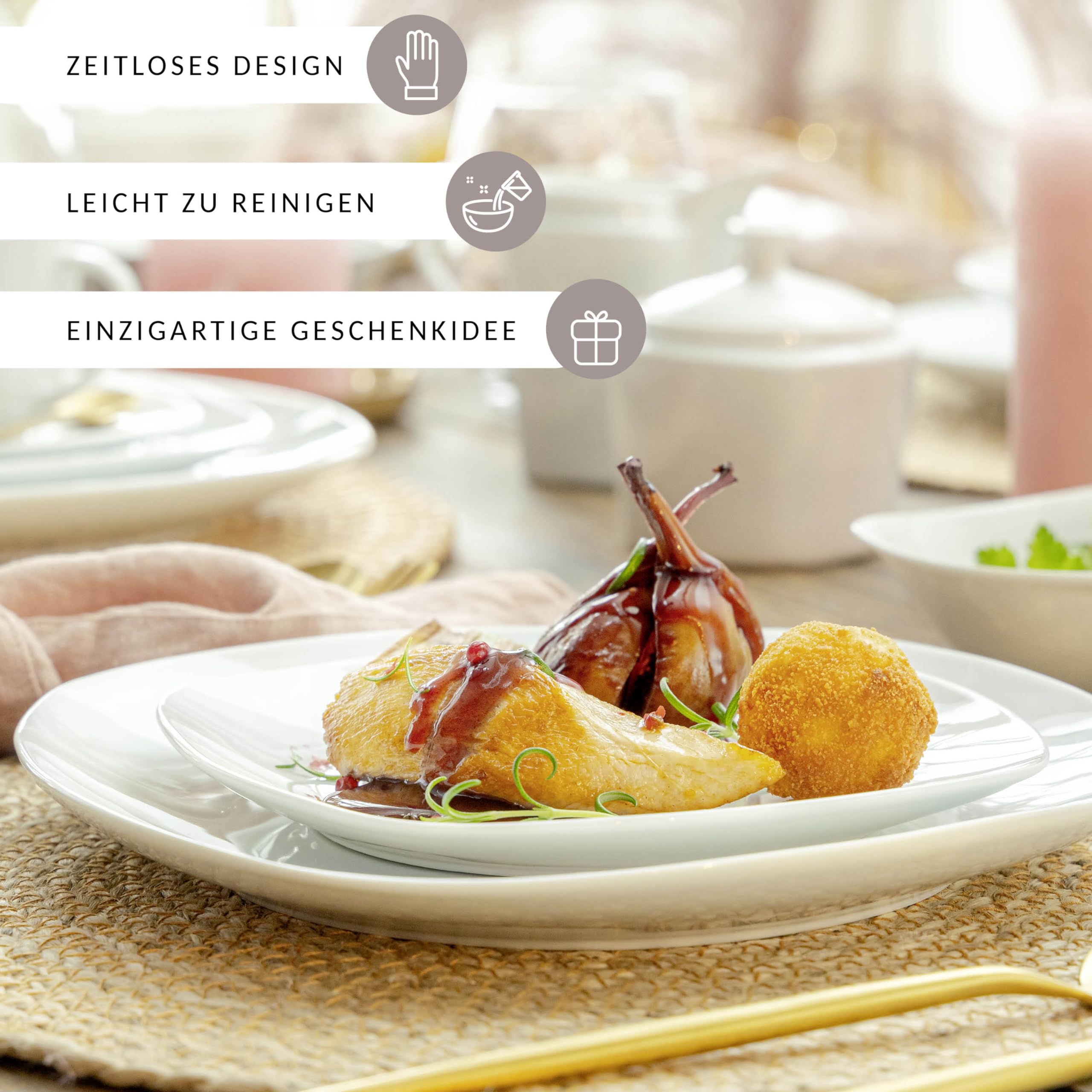 SÄNGER | Service de table Bilgola blanc, 24 pièces en porcelaine pour 6 personnes, set d'assiettes carrées, assiettes plates | Collection Premium