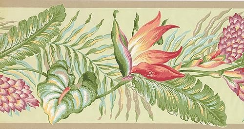 Miniatura 2 de CONCORD WALLCOVERINGS  Papel Pintado Frontera Floral Patrón Flores Hojas Para Sala De Estar Cocina Comedor, VerdeAmarillo Rojo, 15 pies Por 10 in