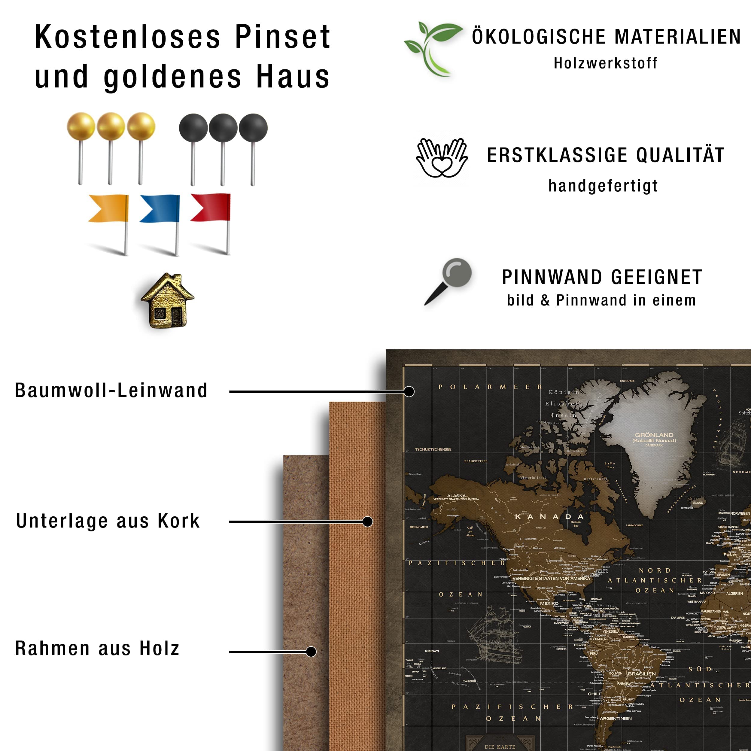 Canvas mapa świata z korkiem do przypinania celów podróży - dekoracja ścienna do każdego pomieszczenia - obrazy canvas z mapą świata w różnych rozmiarach (90x60 cm, wzór 6)