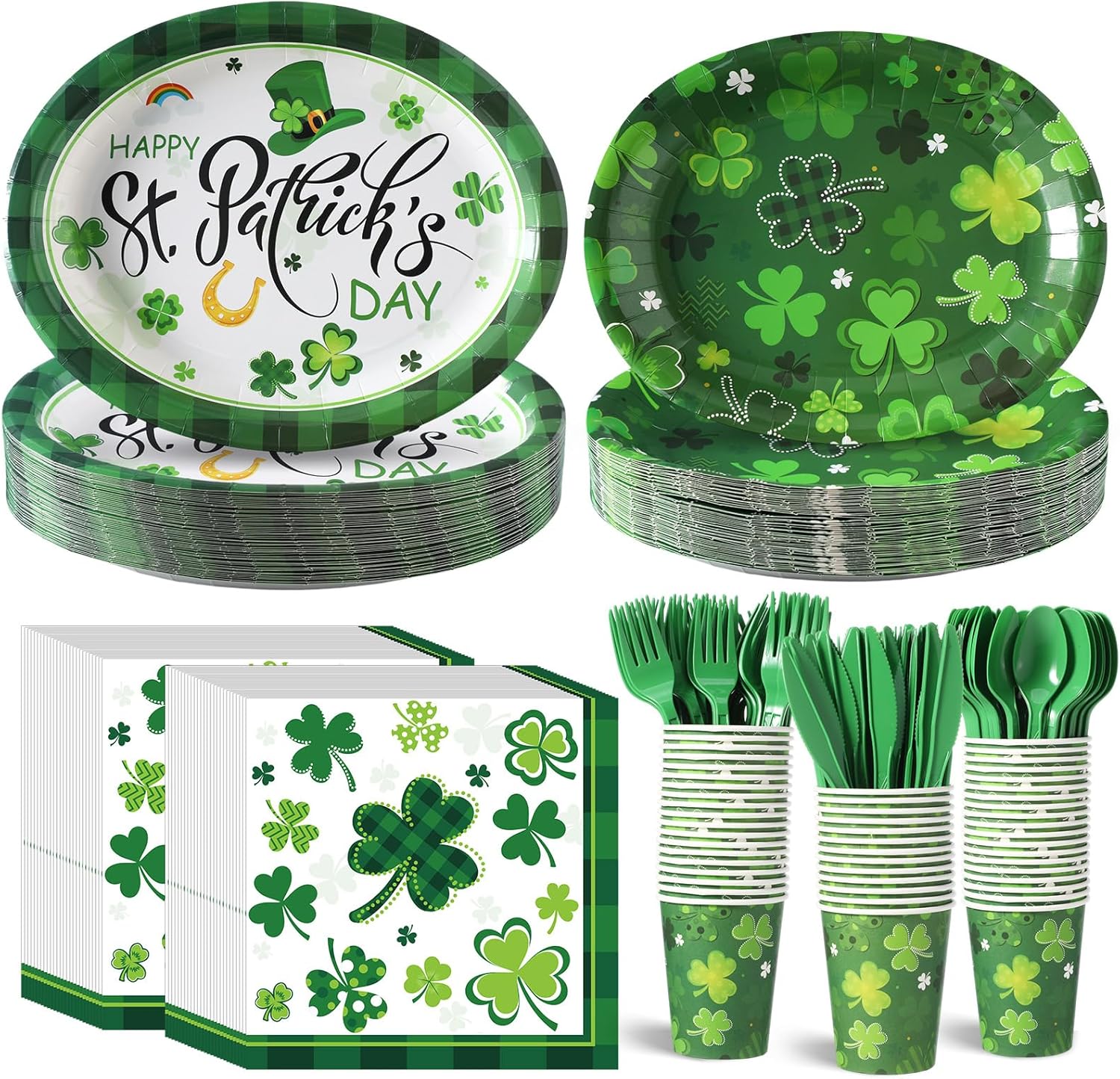 350 Pieces St. Patrick’s Day Party Supplies Irish Party Tableware Set for 50 Guests Include Oval Dinner Plates Dessert Plates Napkins Paper Cups Plastic Forks Spoons Knives