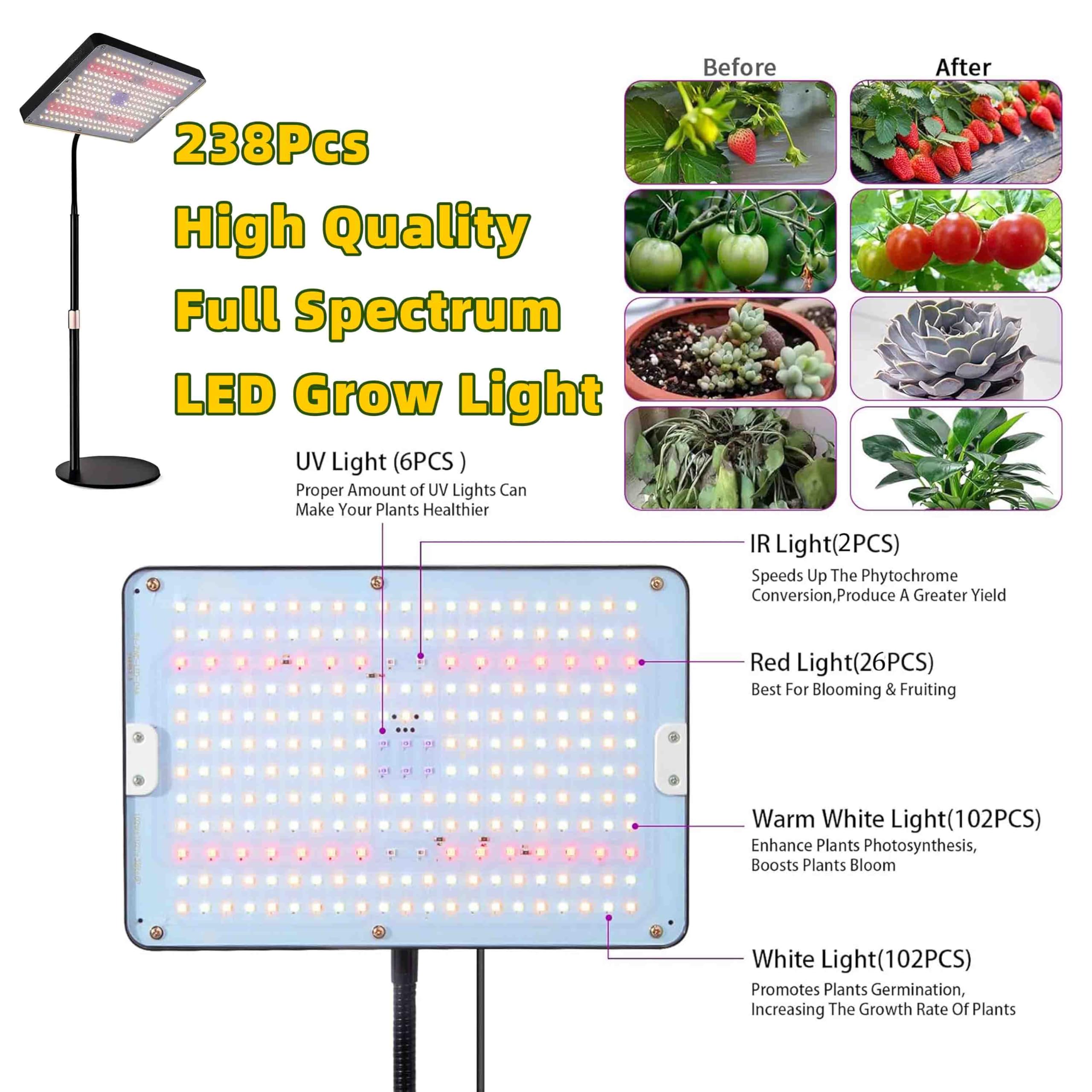Lampada Per Piante, Lampada orticola a LED Regolabile in Altezza, Luce di Crescita a Spettro Completo con Timer Auto on/off 4/8/12H per Frutta Piccole Piante