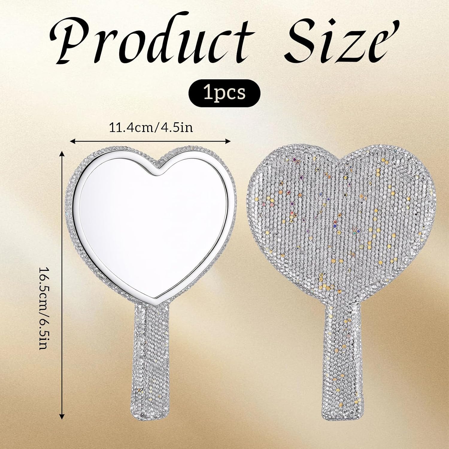 Large Rhinestone Handheld Mirror Heart Shaped Bling Glitter Cosmetic Hand Mirror with Handle Portable Hand Mirrors Sparkling Cute Hands Mirrors for Wedding Make up Women (Silver)