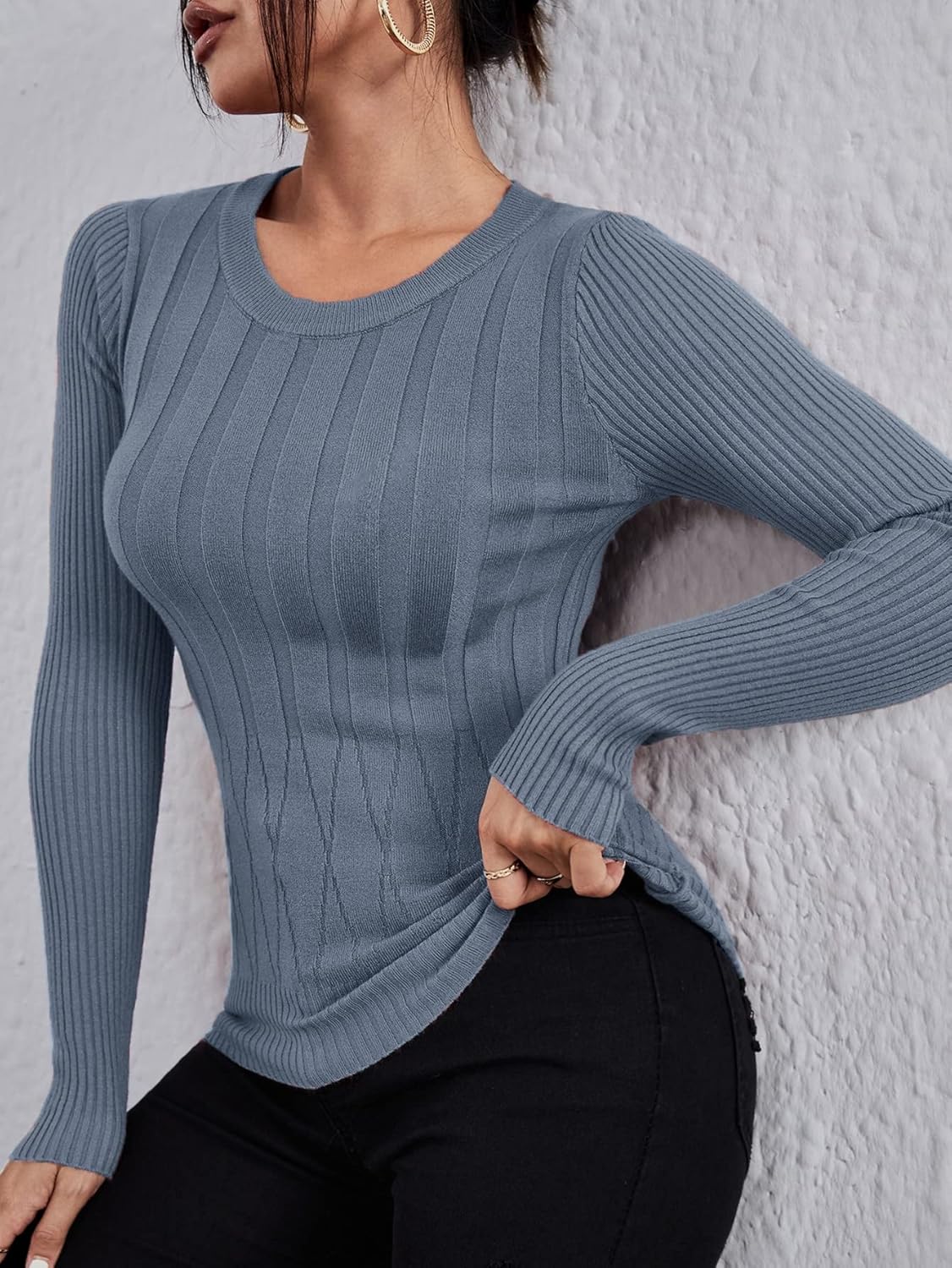 Women's Sweater Argyle Pattern Rib-Knit Sweater Sweater for Women (Color : Dusty Blue, Size : Small)