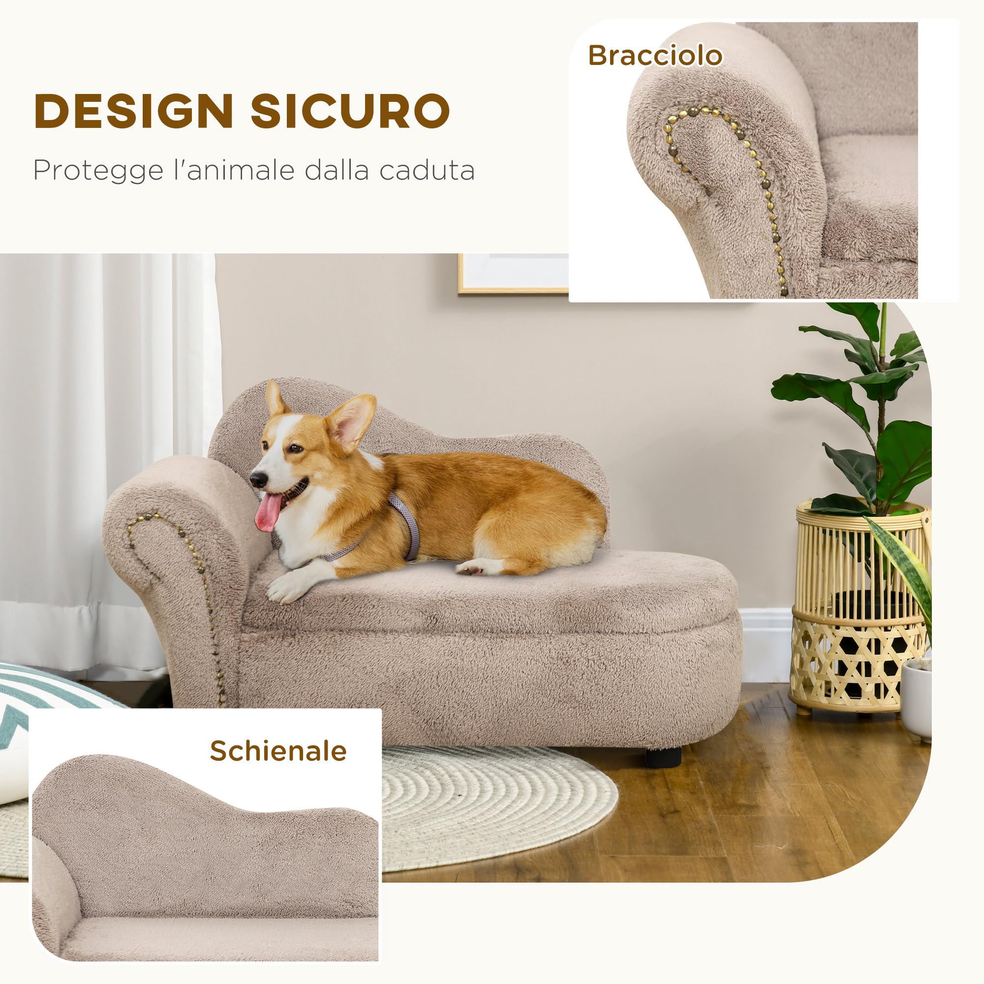PawHut Divano per Cani Rialzato con Spazio Portaoggetti a Scomparsa, Divano Imbottito in Legno e Tessuto Vellutato, 80x40x46 cm, Beige