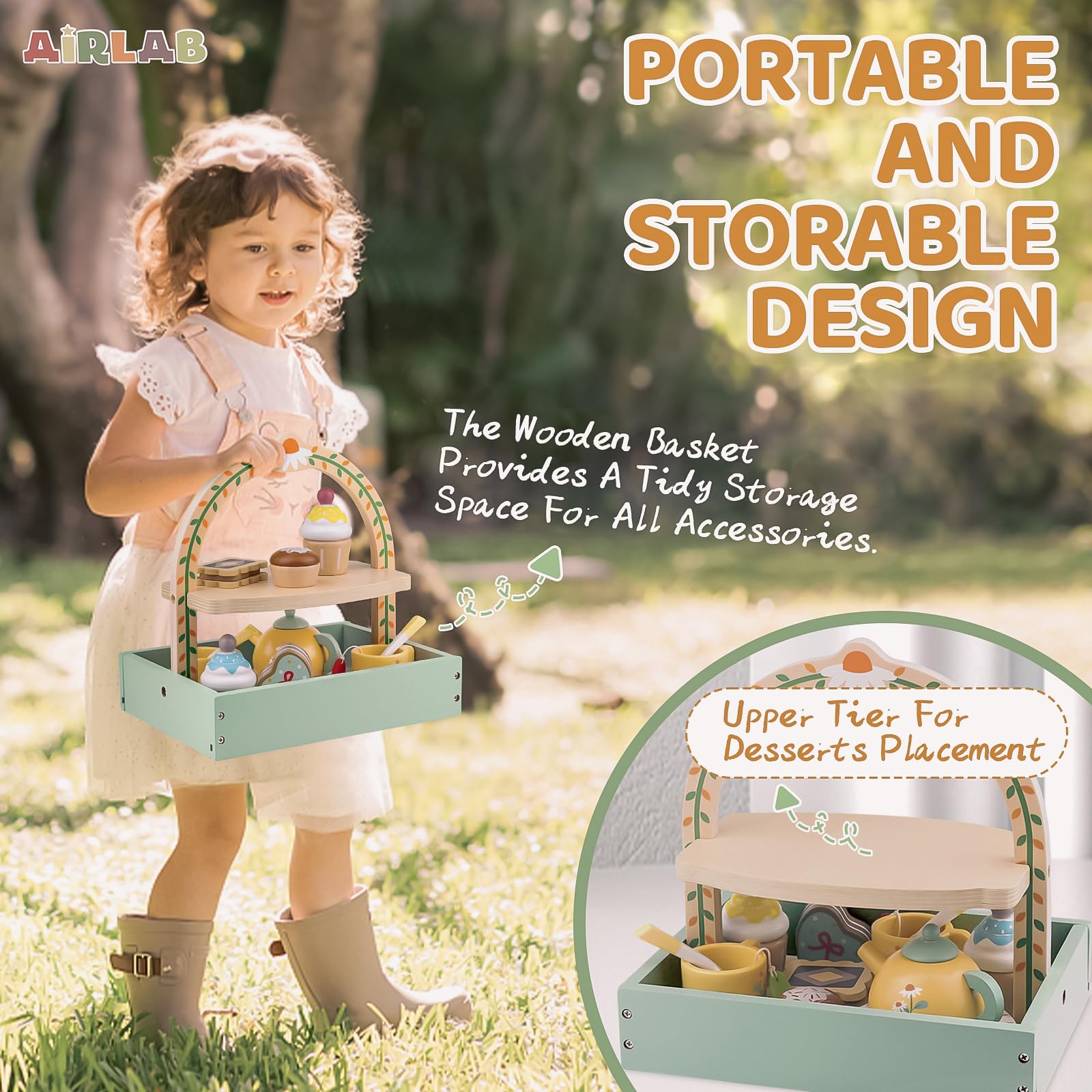 Airlab Set da Tè Bambina Accessori Cucina Giocattolo per Bambini in Legno | Accessori Cucina Legno per Bambini Bambina con Paniere, Cibo Finto Giocattolo Bambino Cucina, Regalo Bimbo Bimba 3 4 5 Anni