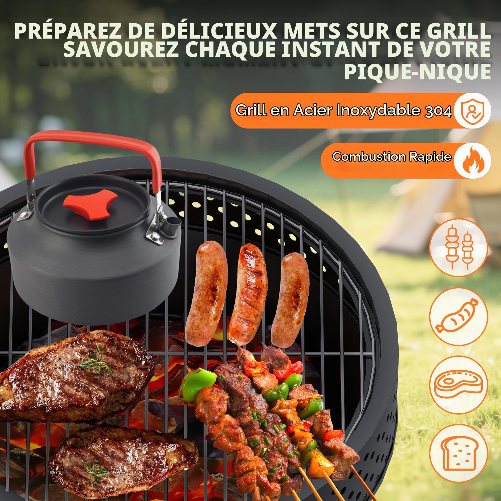 Brasero Extérieur 54.6 cm avec Grille de BBQ, Foyer Multifonctionnel Portable à Bois avec Sac Etanche et Tisonnier, pour Extérieur, Feu de Camp et Camping, Incinerateur de Jardin