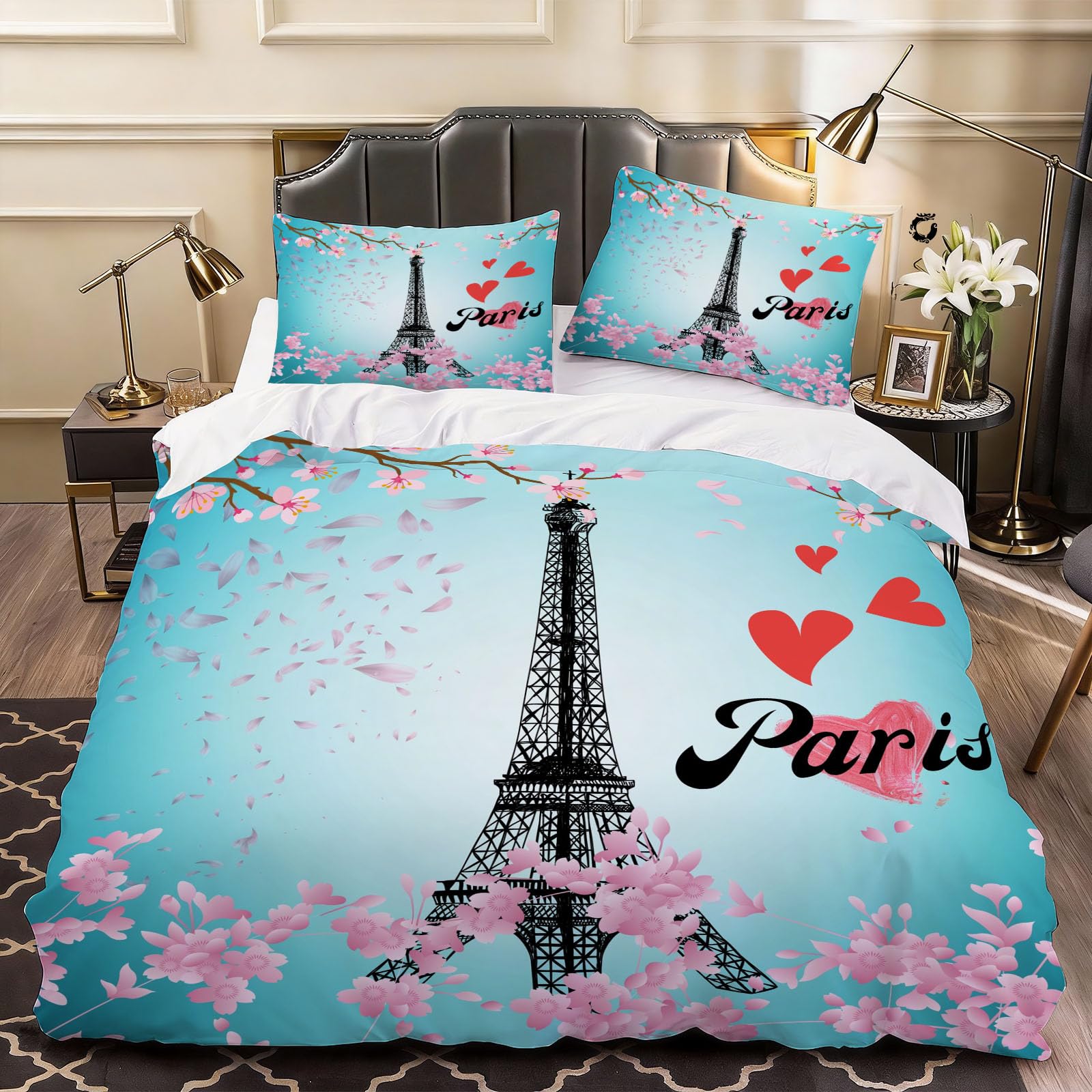3D Eiffel Tower Duvet Cover Romantic Bedding Double Bed Set, Soft Microfiber Comforter Cover Printed with Zipper Closure Quilt Coverr 200x200 cm and 2 Pillowcases
